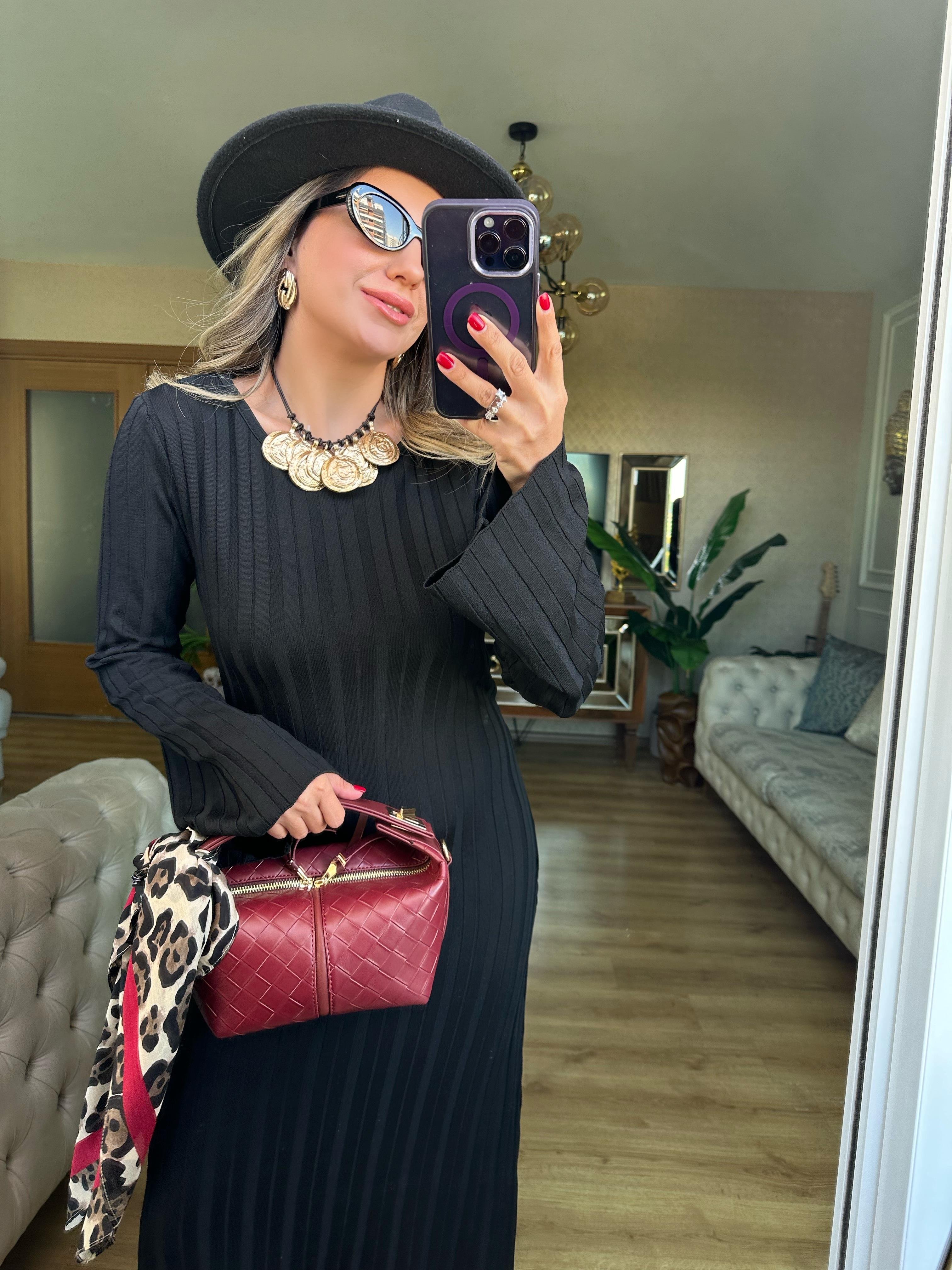 8551 Uzun Şeritli Triko Elbise