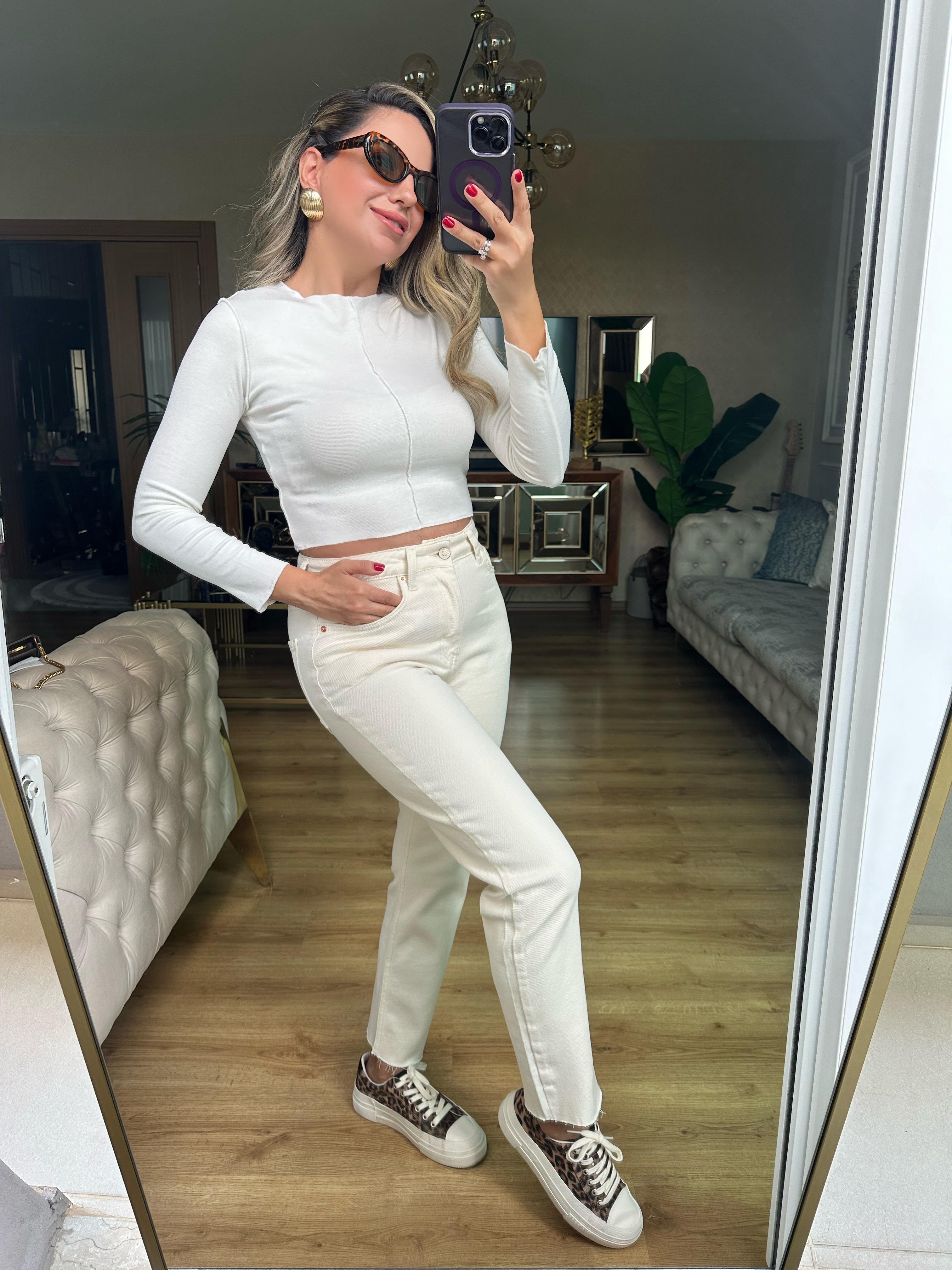 8556 Uzun Dikişli Crop Bluz