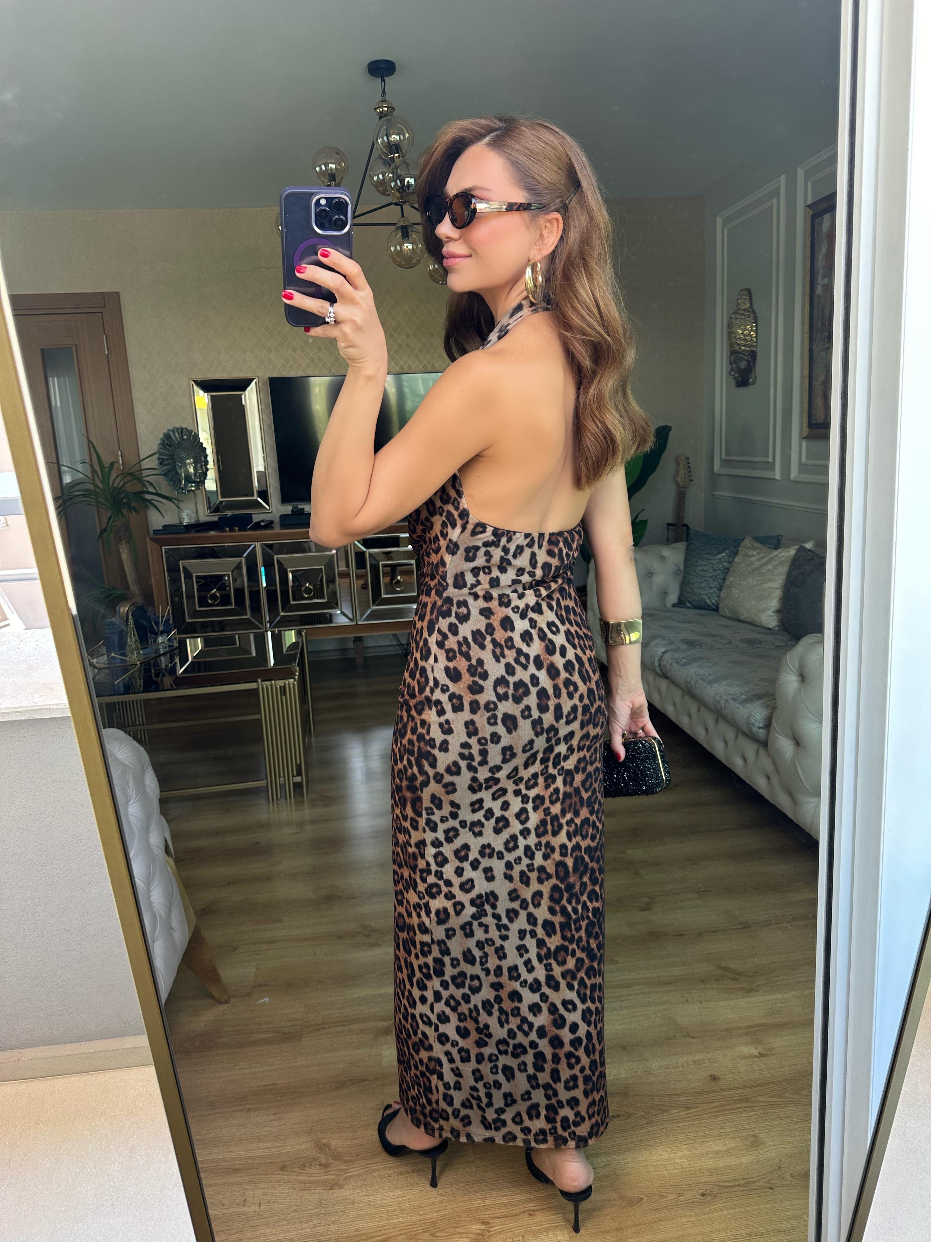 8560 Leopar Tül Uzun Elbise