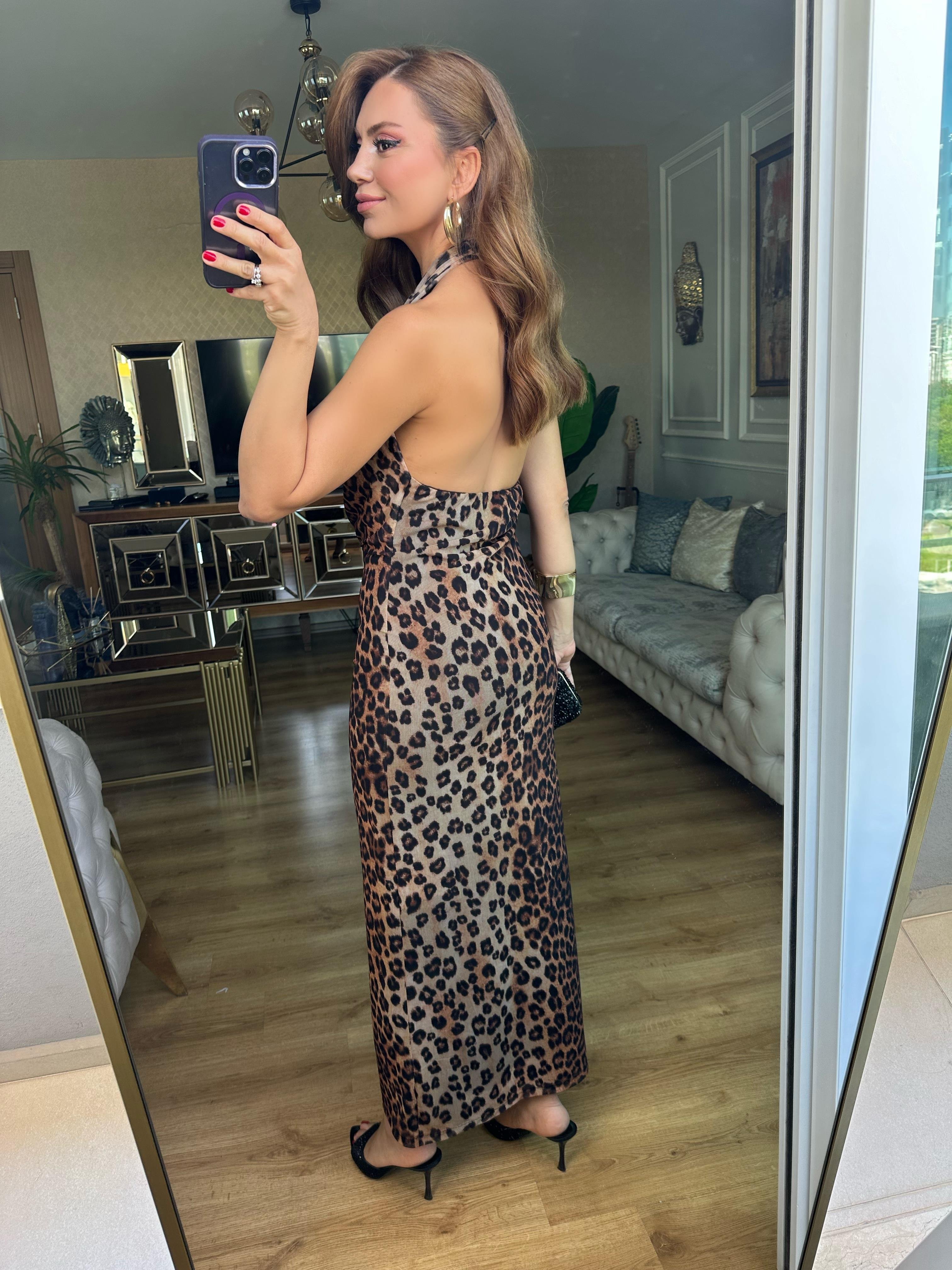 8560 Leopar Tül Uzun Elbise