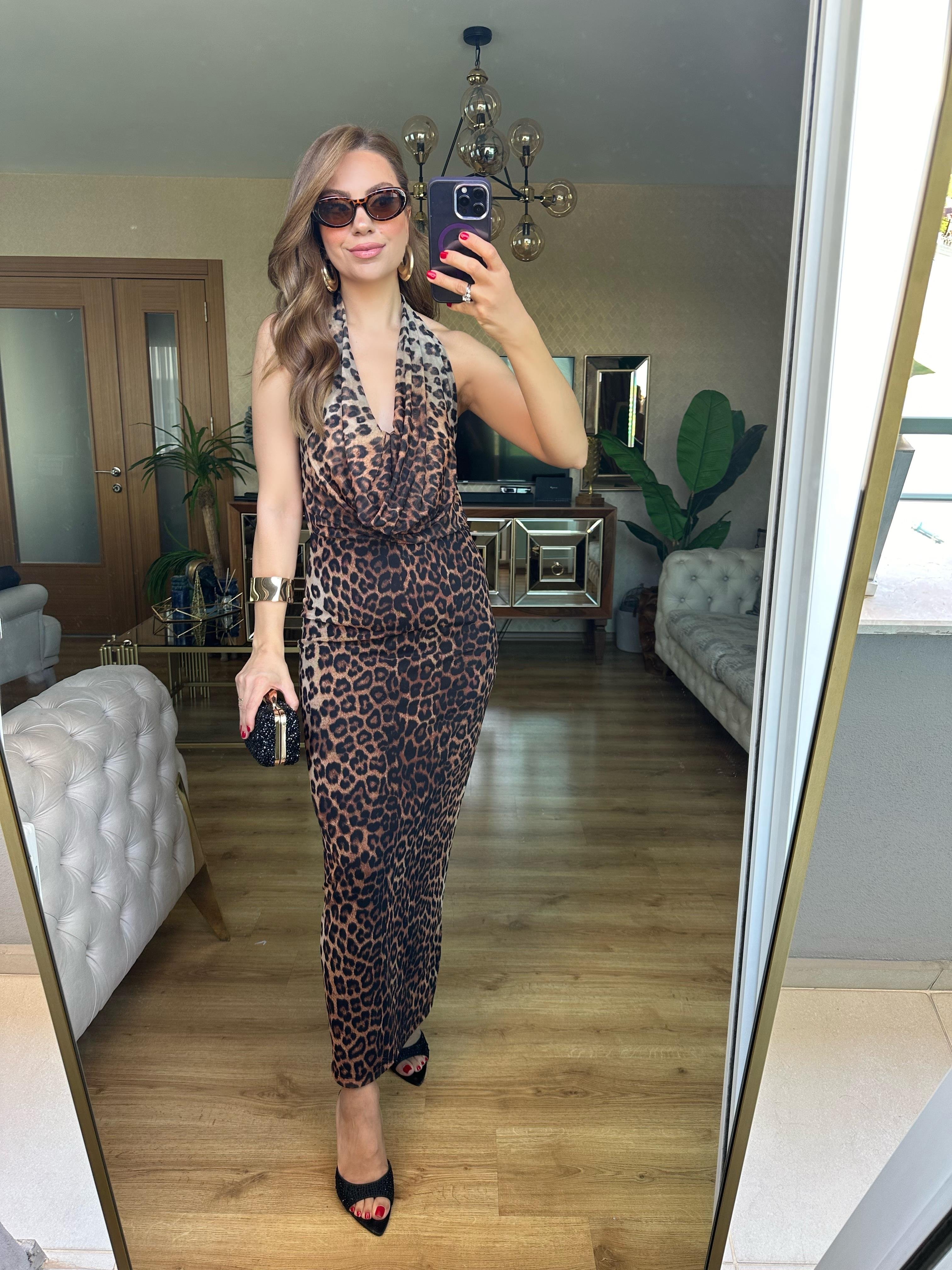 8560 Leopar Tül Uzun Elbise