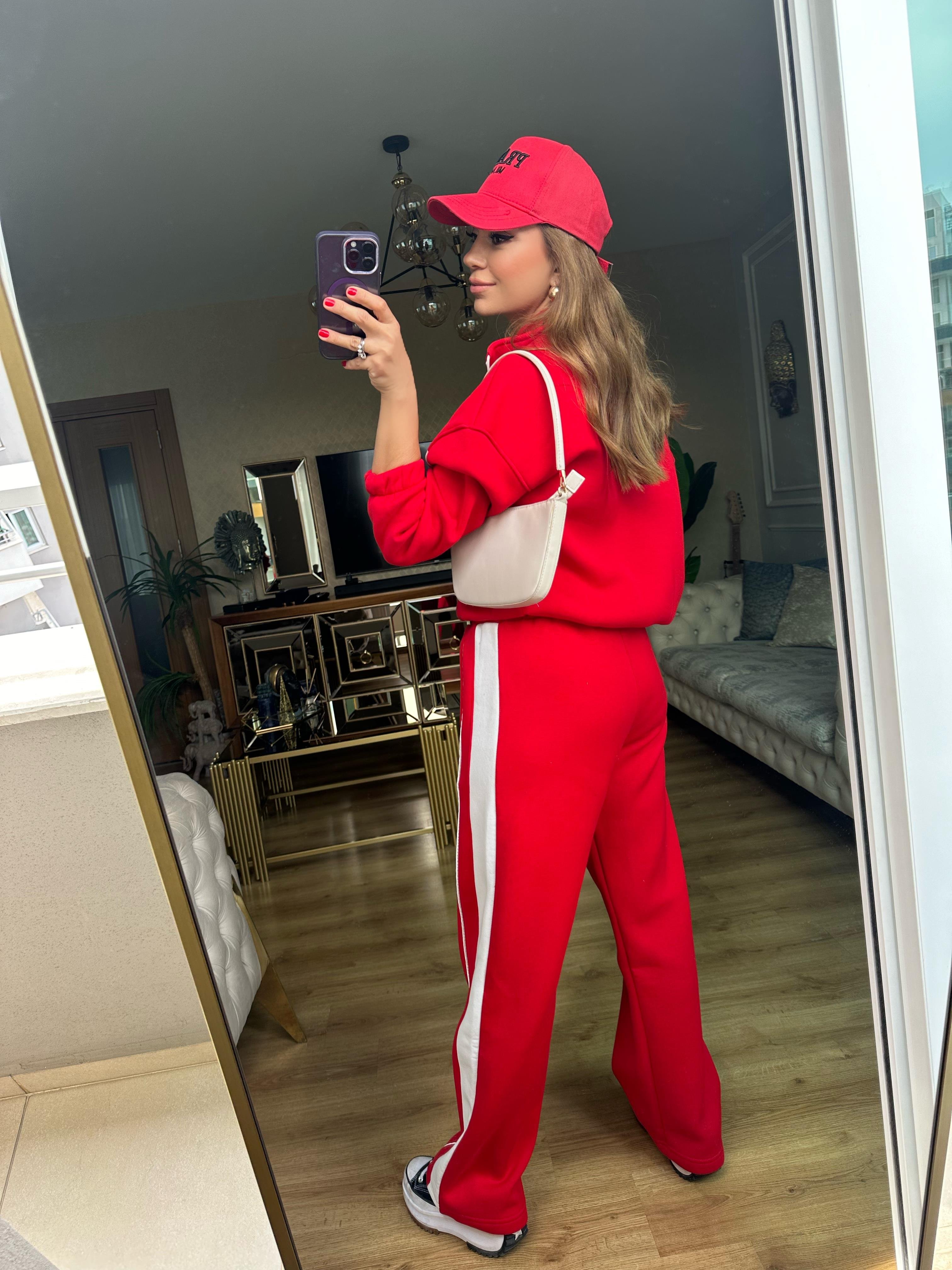 8626 Kırmızı Beyaz Detaylı 3 İplik Şardonlu Eşofman Takım