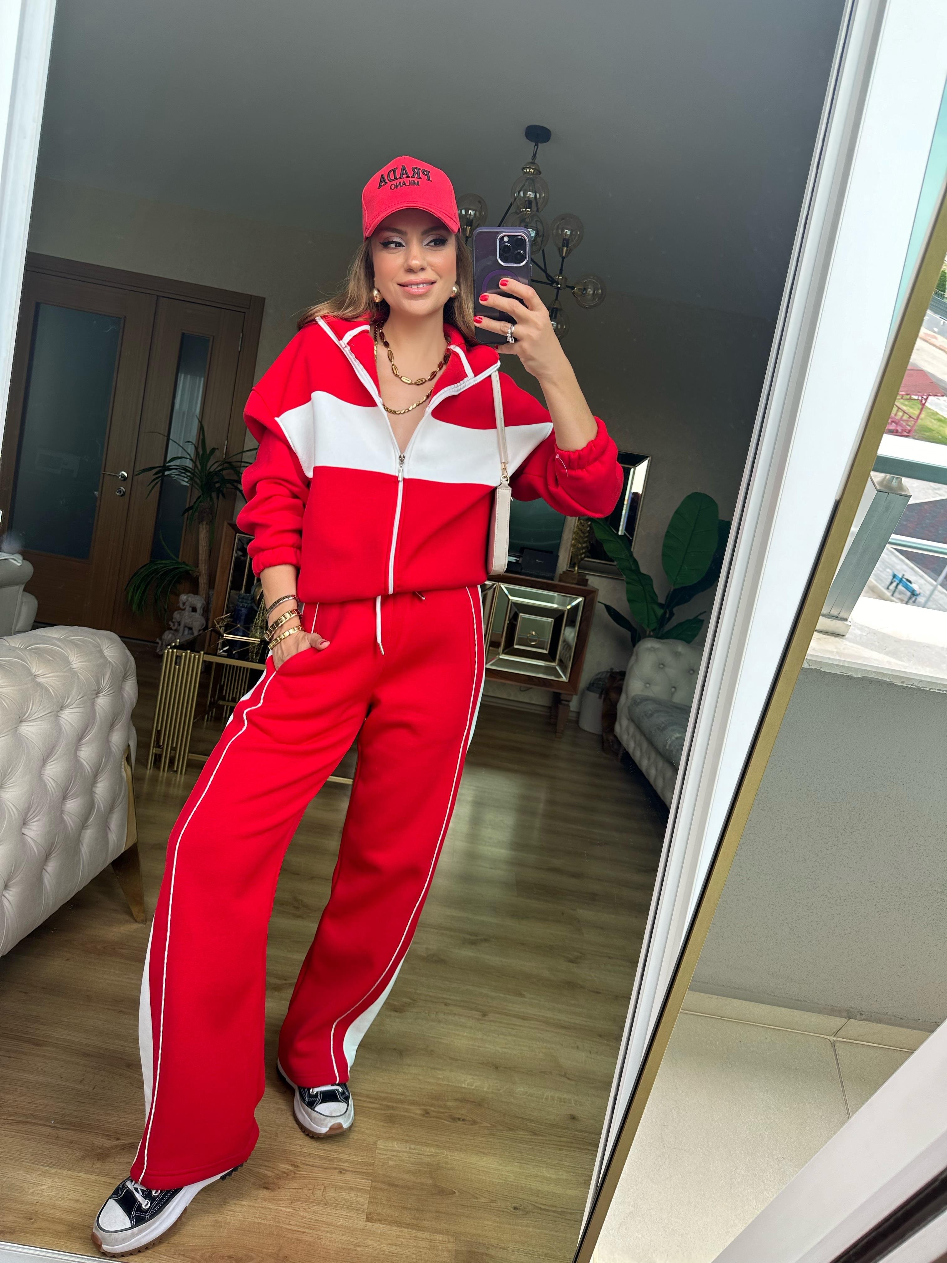 8626 Kırmızı Beyaz Detaylı 3 İplik Şardonlu Eşofman Takım