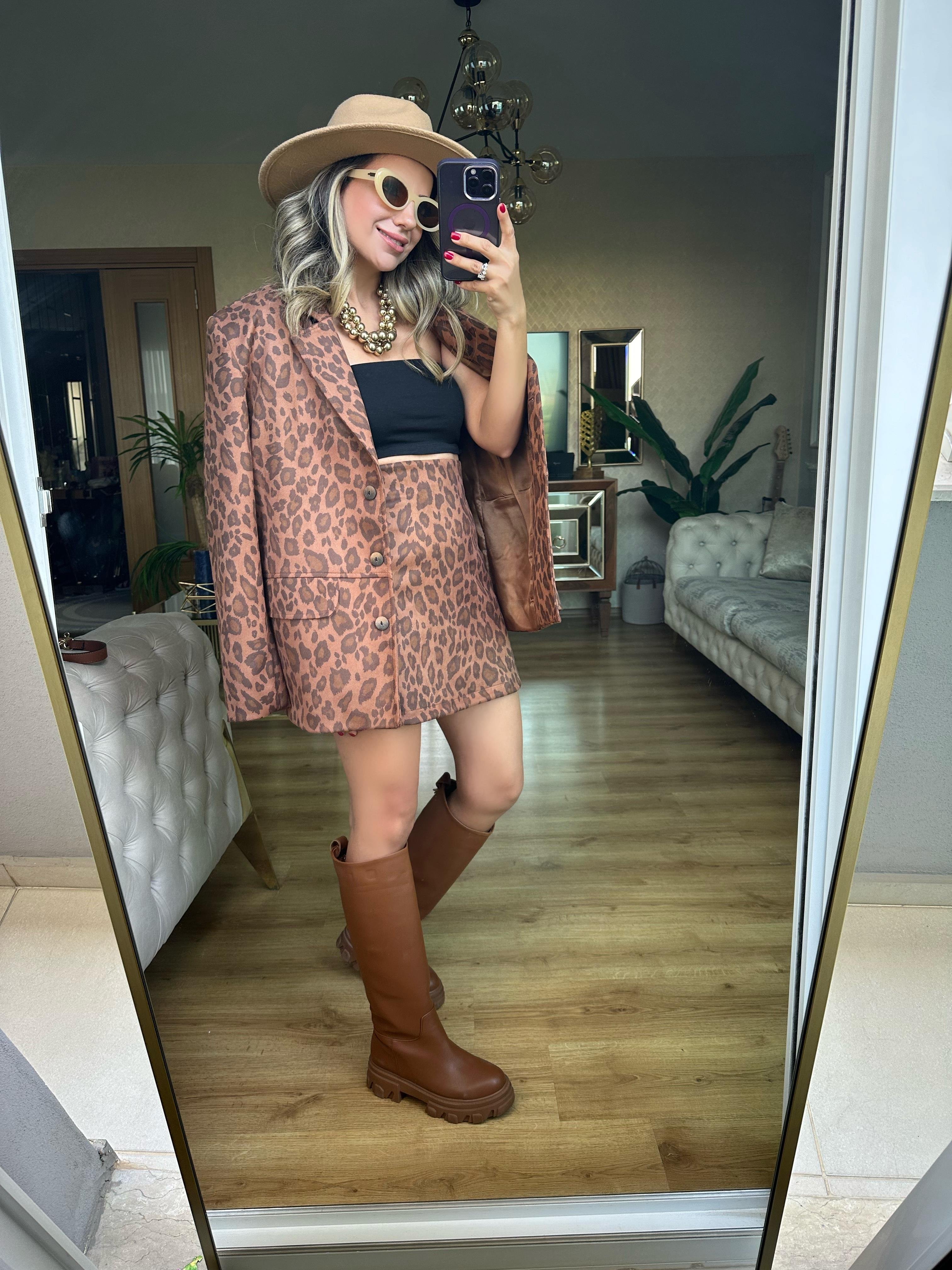 8682 Leopar Ceket Etek Takım