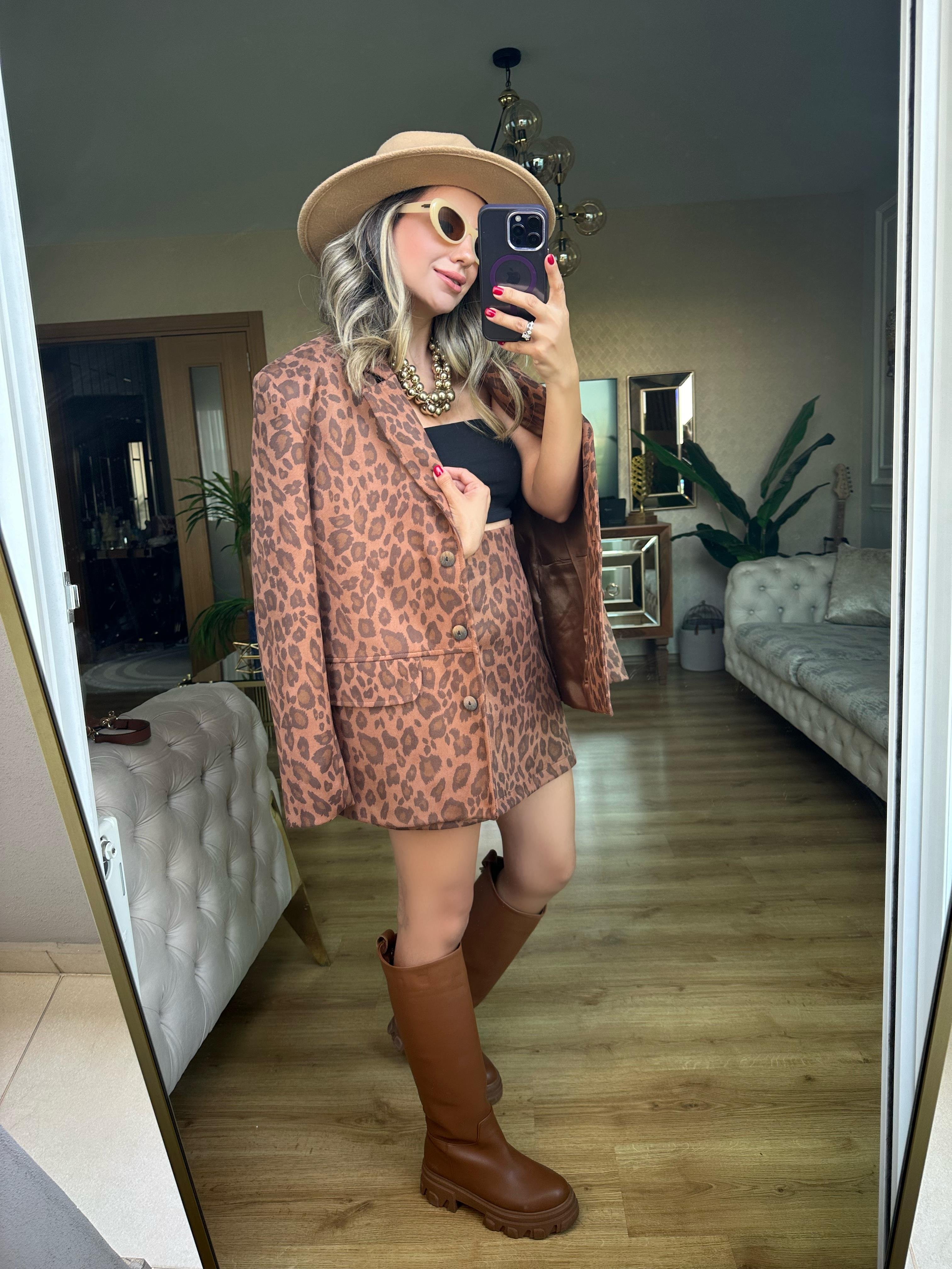 8682 Leopar Ceket Etek Takım
