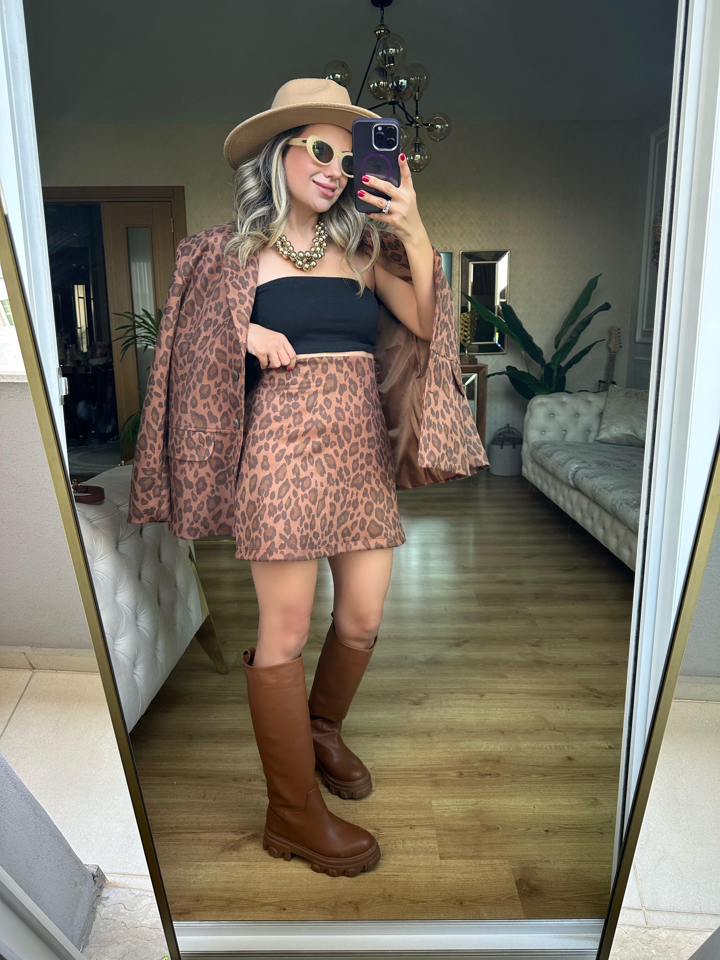 8682 Leopar Ceket Etek Takım