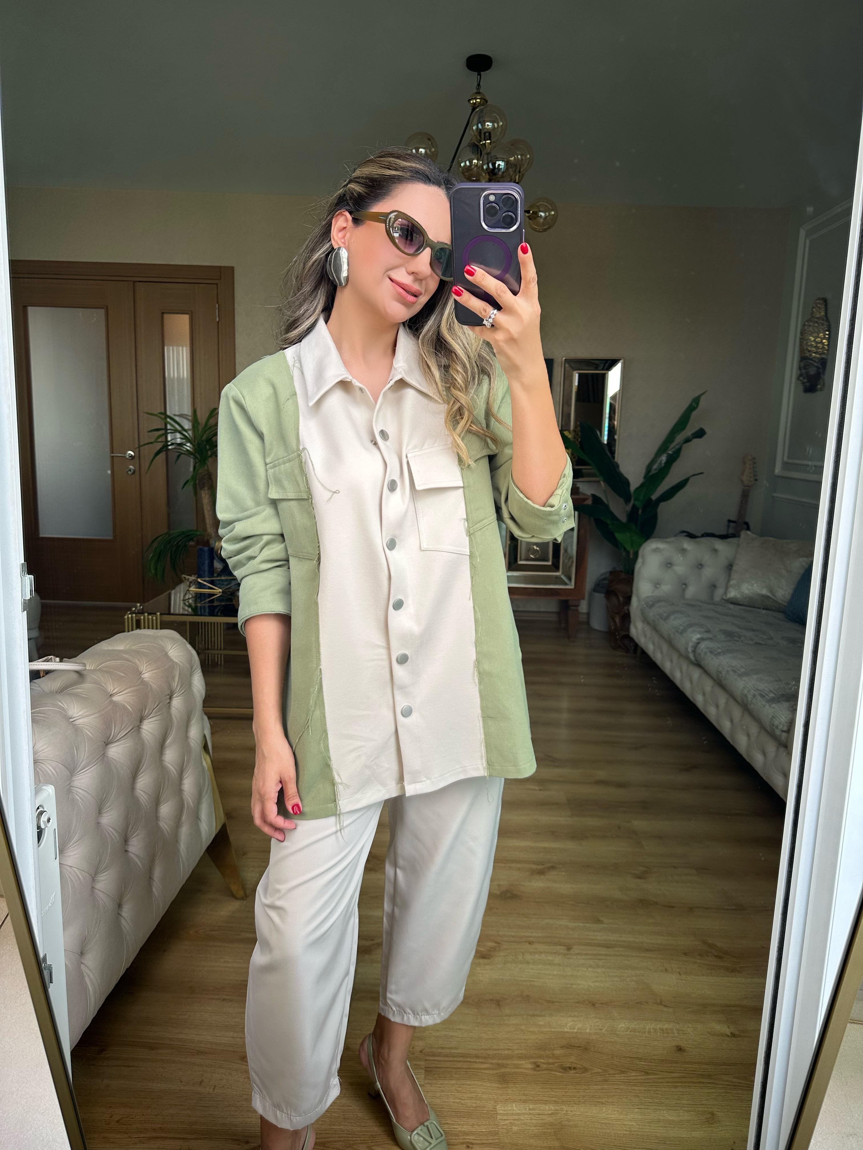 8712 Haki Gabardin Detaylı Mixli Ceket