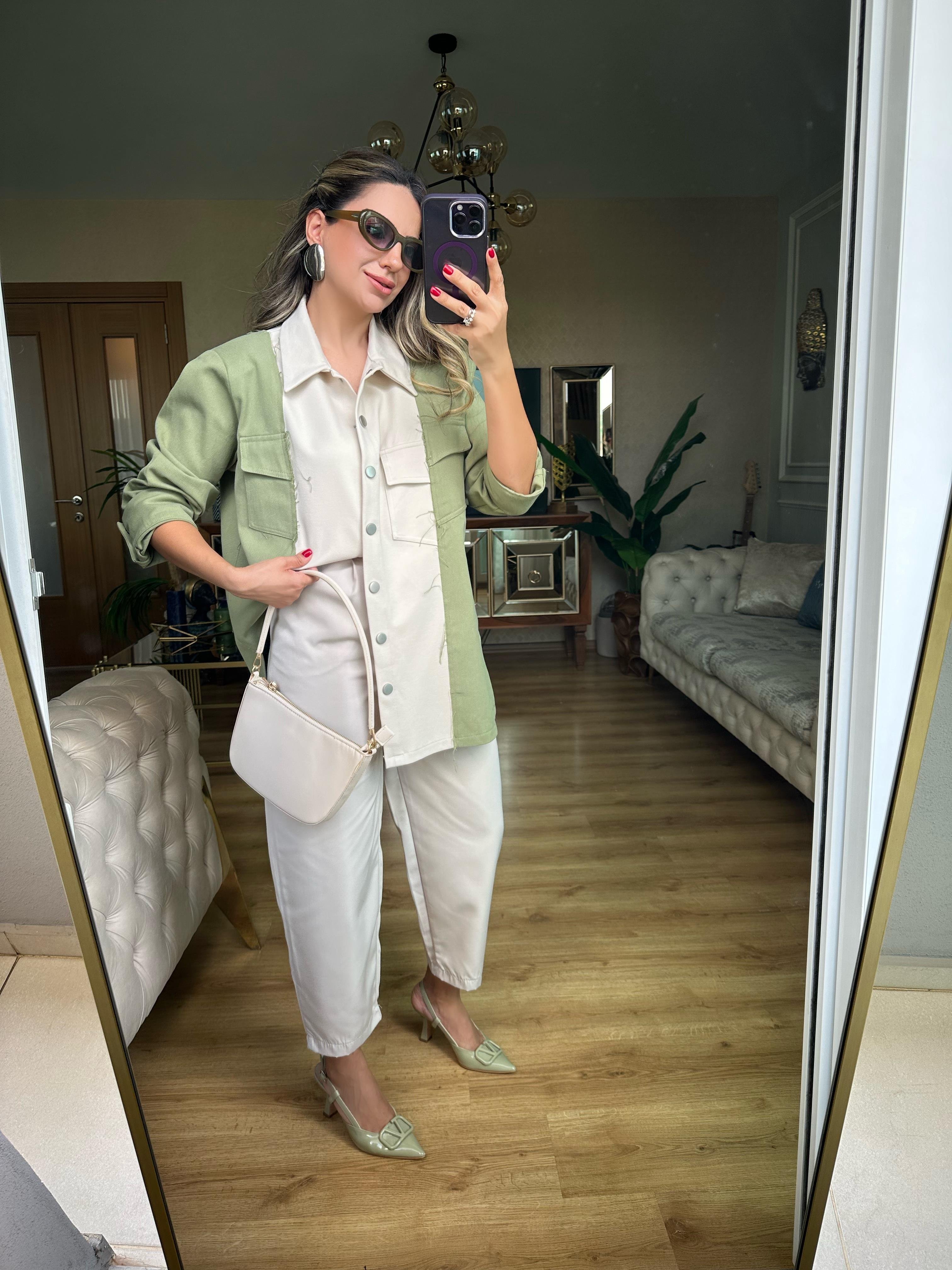 8712 Haki Gabardin Detaylı Mixli Ceket