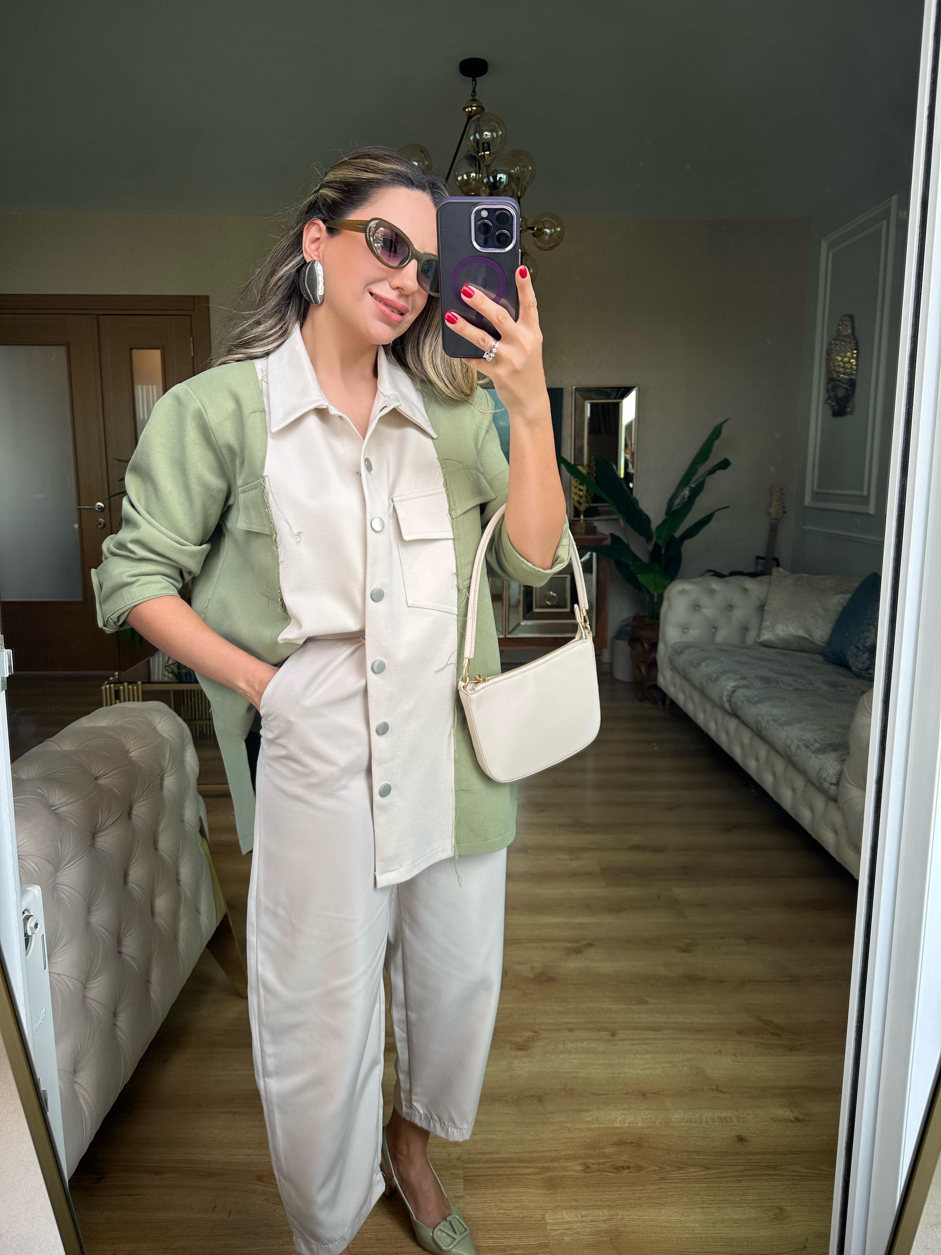 8712 Haki Gabardin Detaylı Mixli Ceket