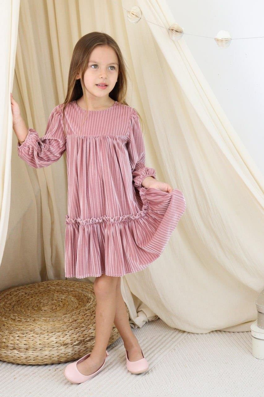 8717 Kids Kadife Pembe Elbise 1-2/5-6 yaş