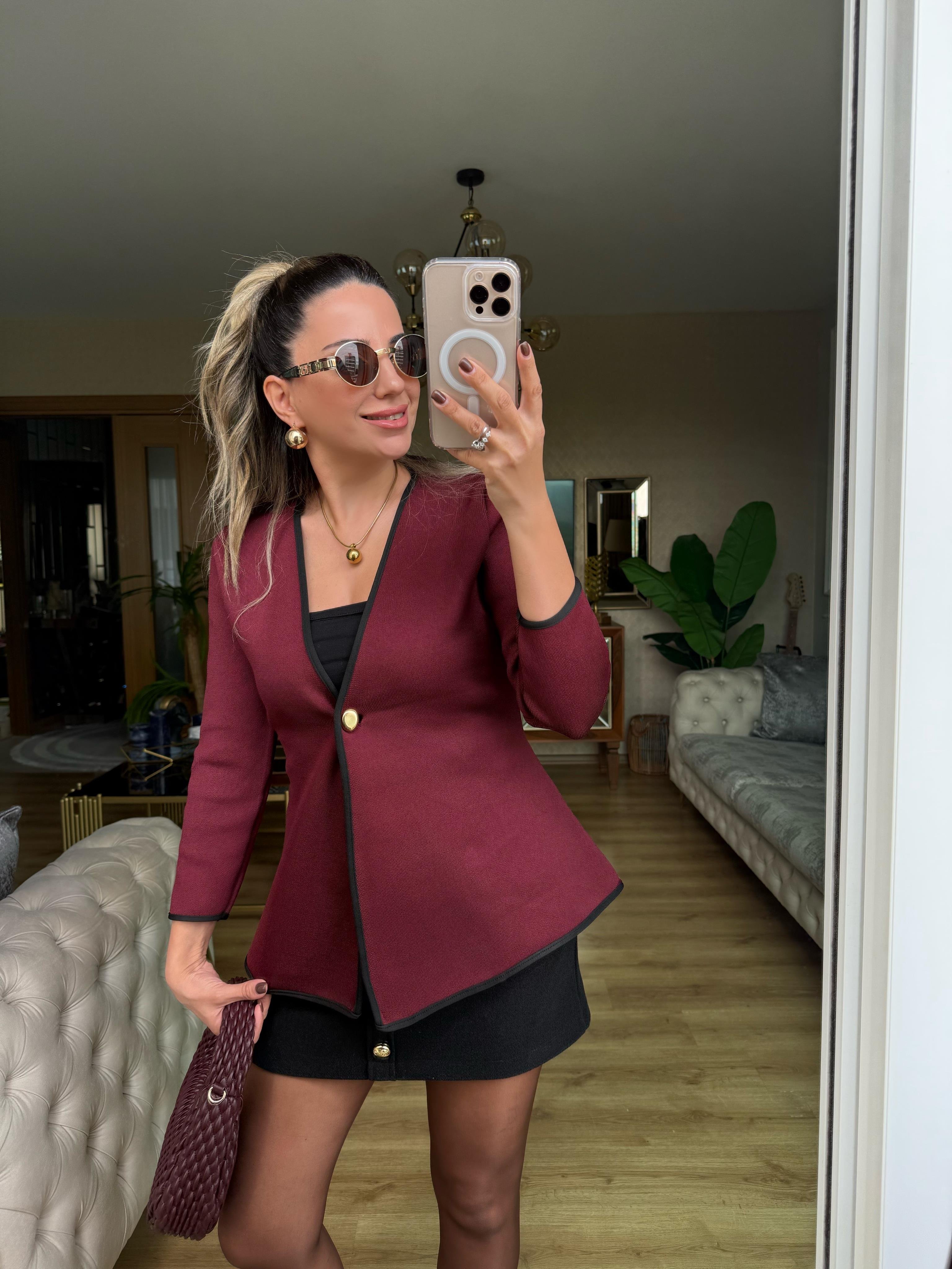 8814 Çelik Örme Gold Düğmeli Biyeli Ceket