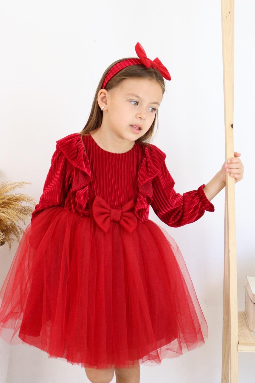 8875 Kids Kadife Tüllü Elbise 2-3/6-7 Yaş