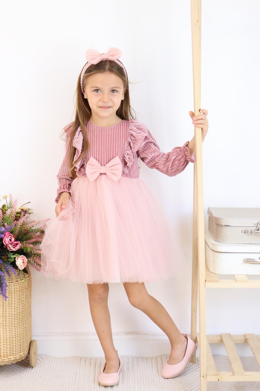 8875 Kids Kadife Tüllü Elbise 2-3/6-7 Yaş