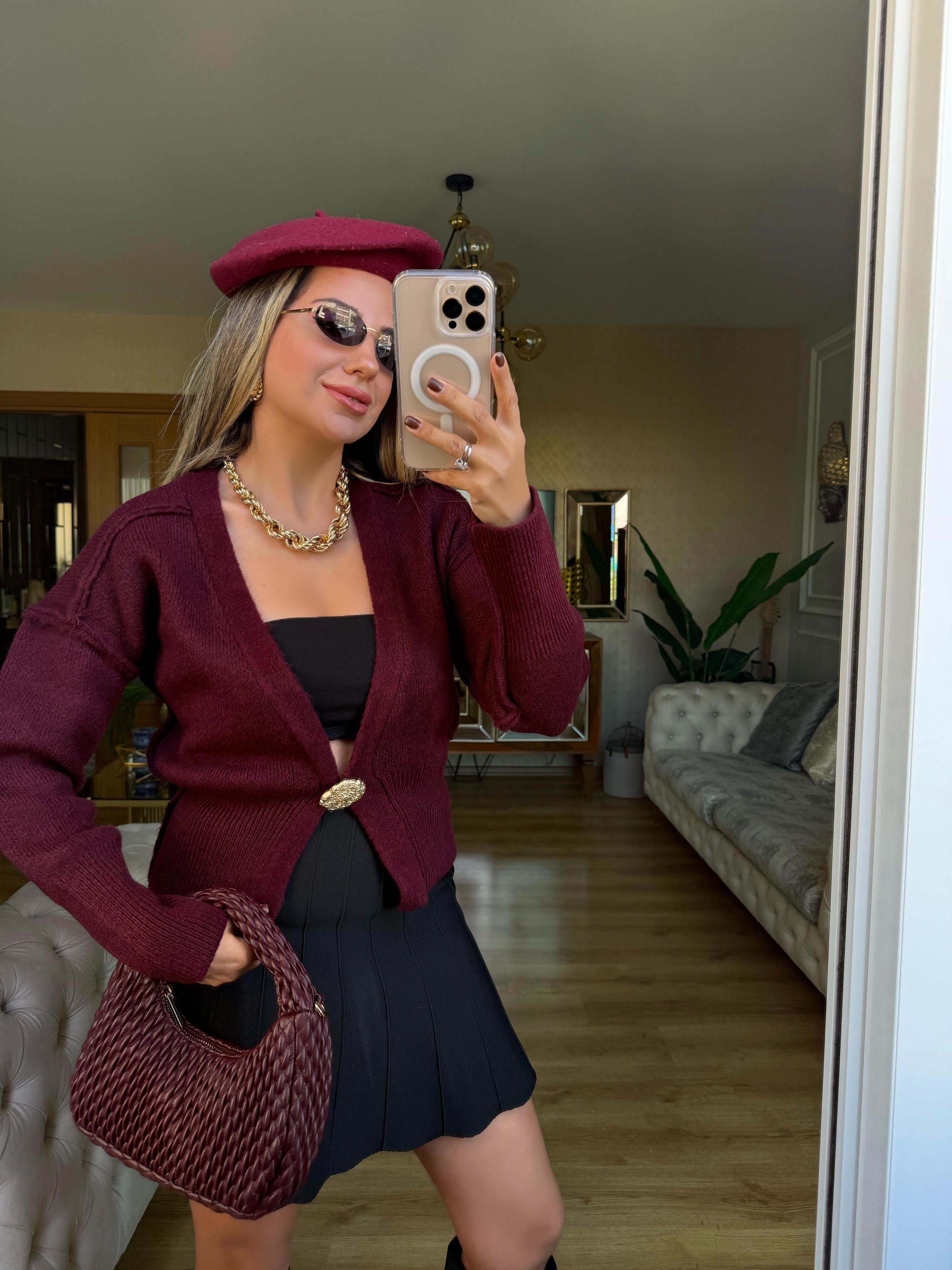 8938 Gold Tek Düğmeli Hırka