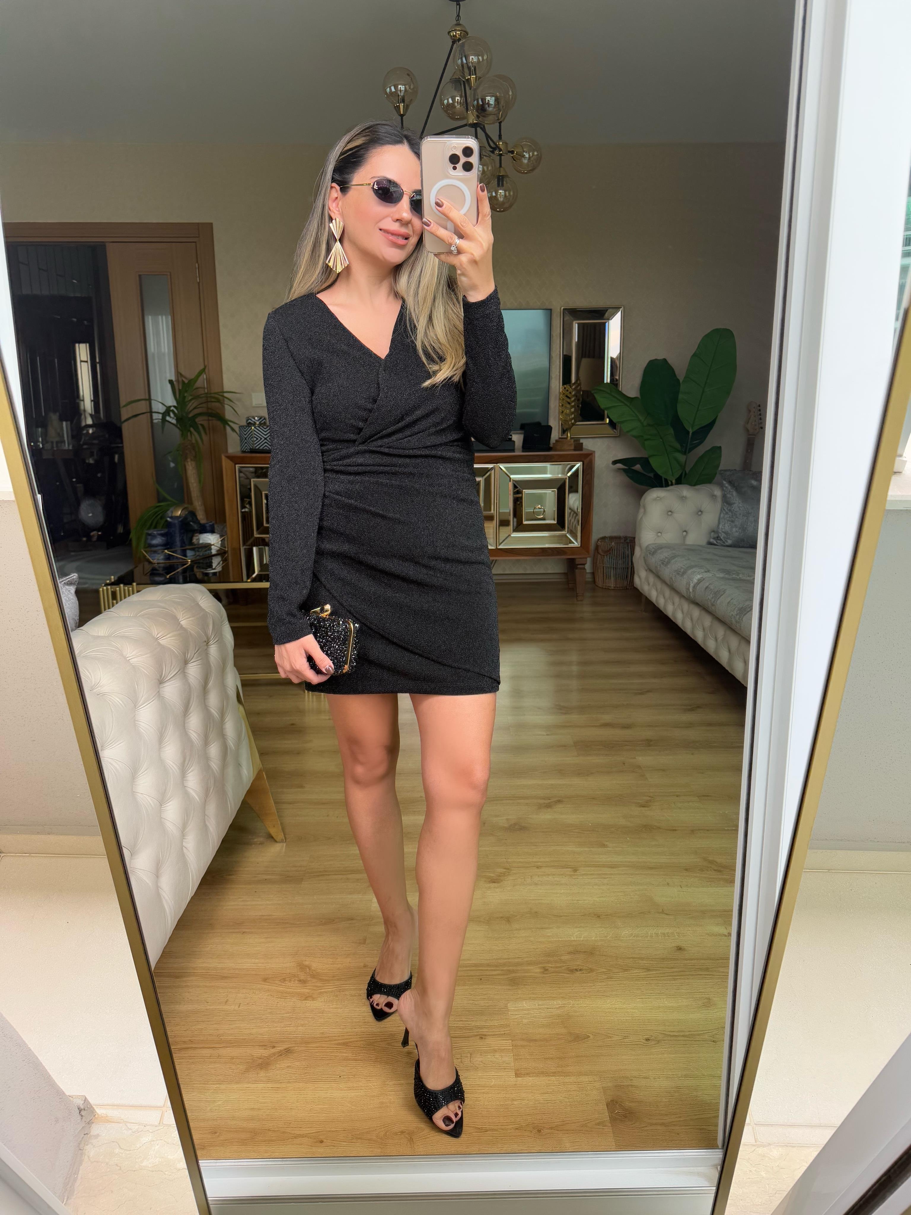 8959 Kendinden Simli Kruvaze Elbise