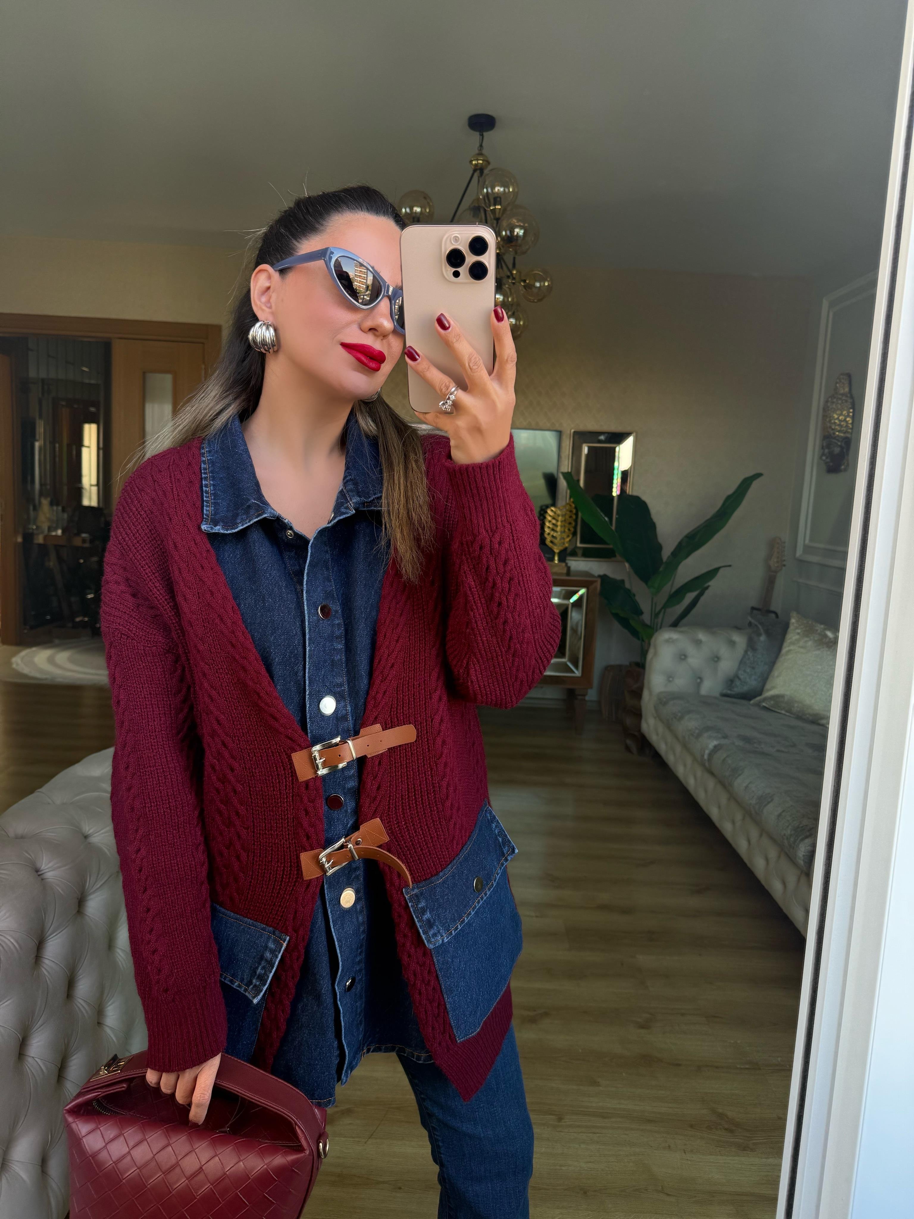 9034 Bordo Kot Detaylı Triko Kazak