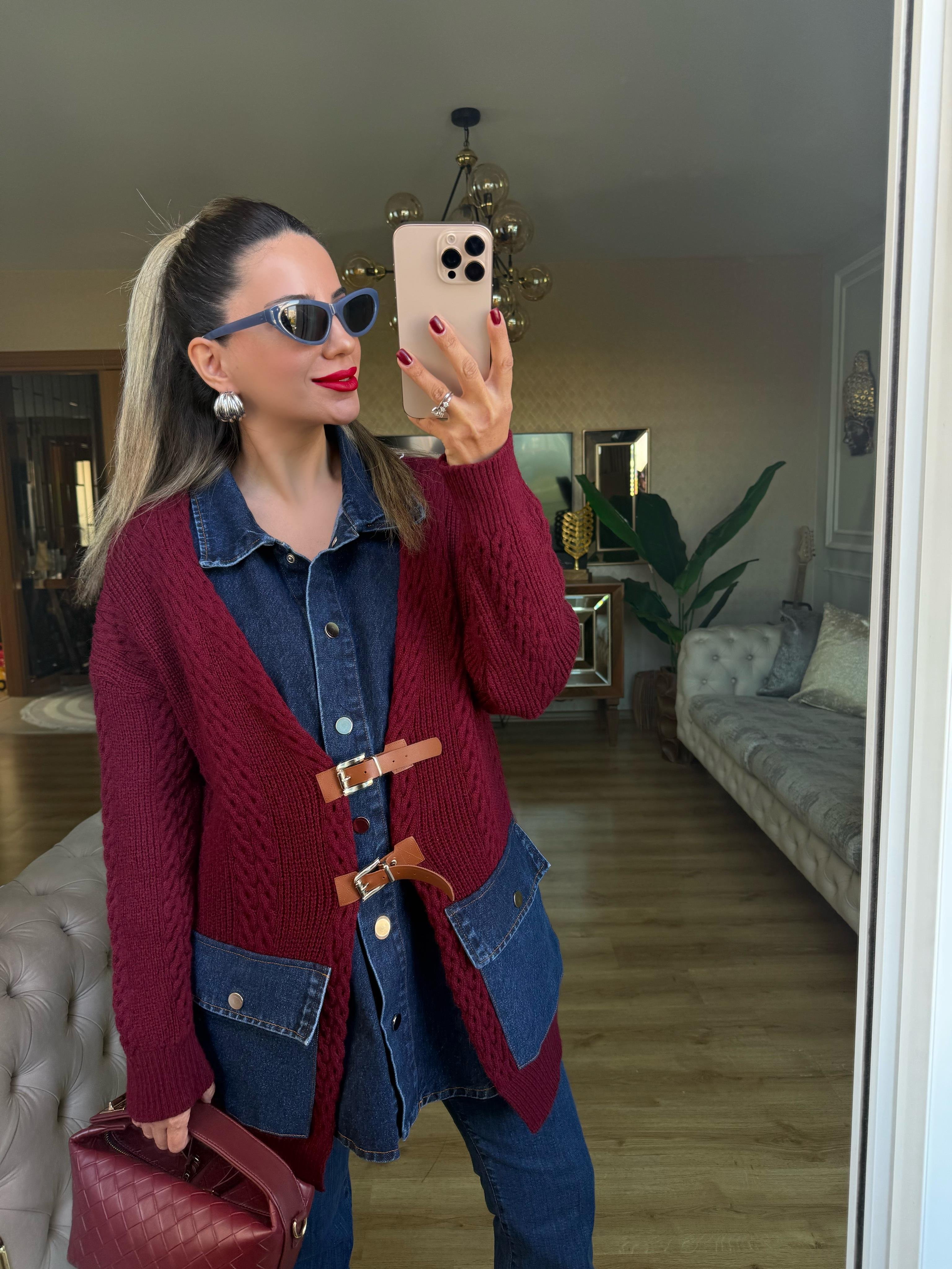 9034 Bordo Kot Detaylı Triko Kazak