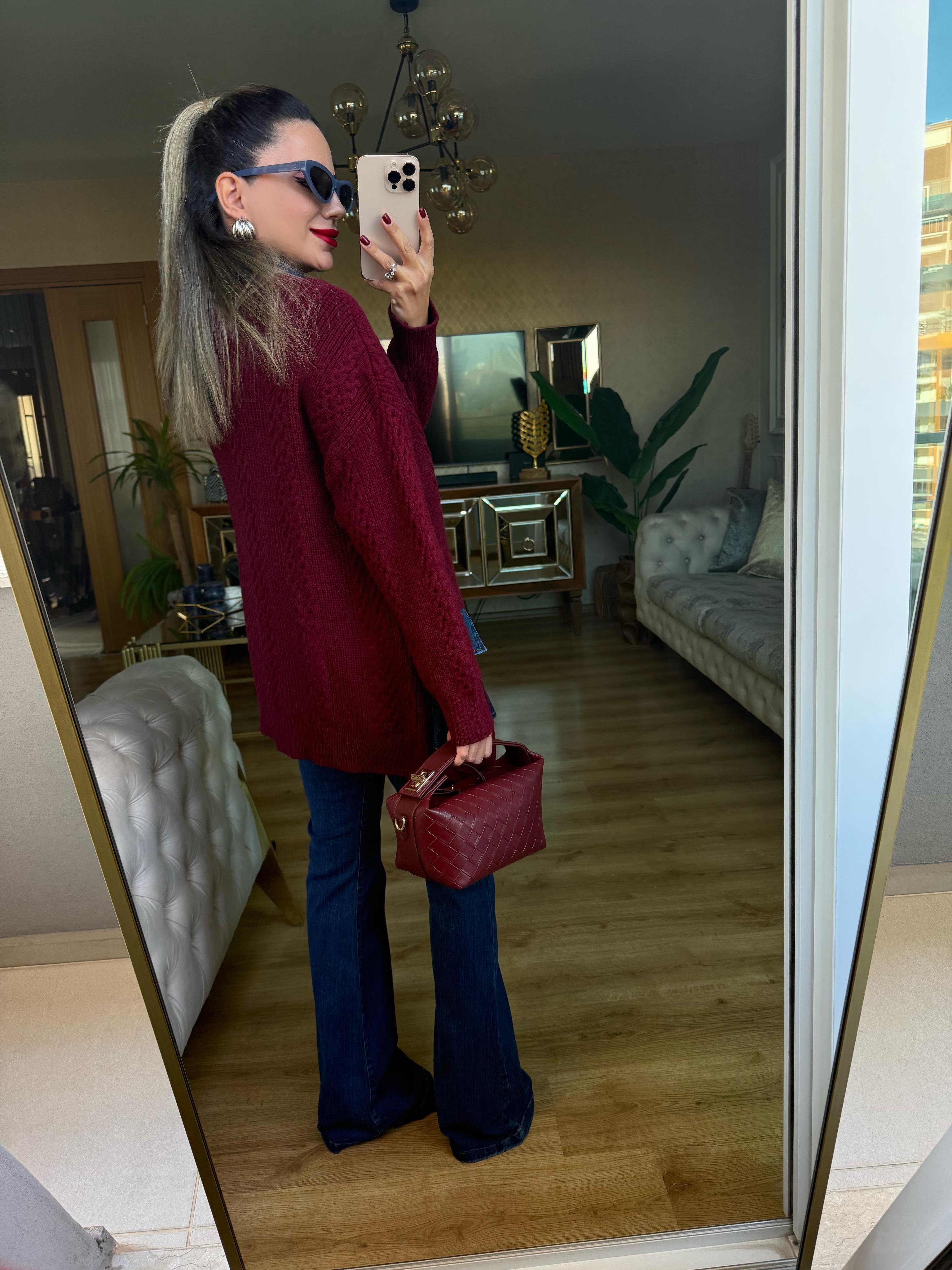 9034 Bordo Kot Detaylı Triko Kazak