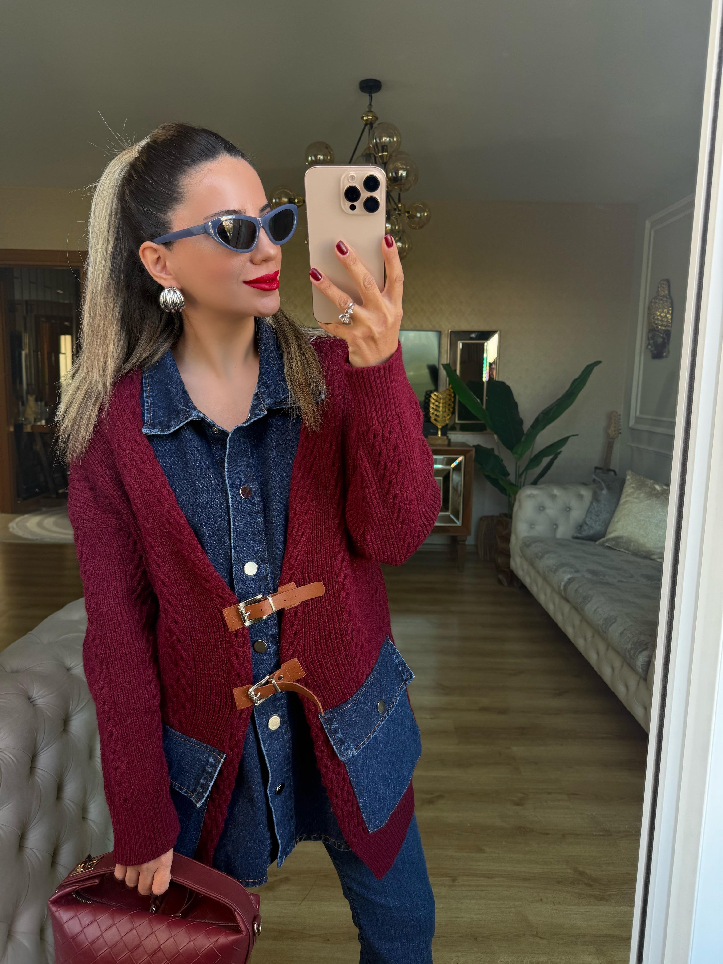 9034 Bordo Kot Detaylı Triko Kazak