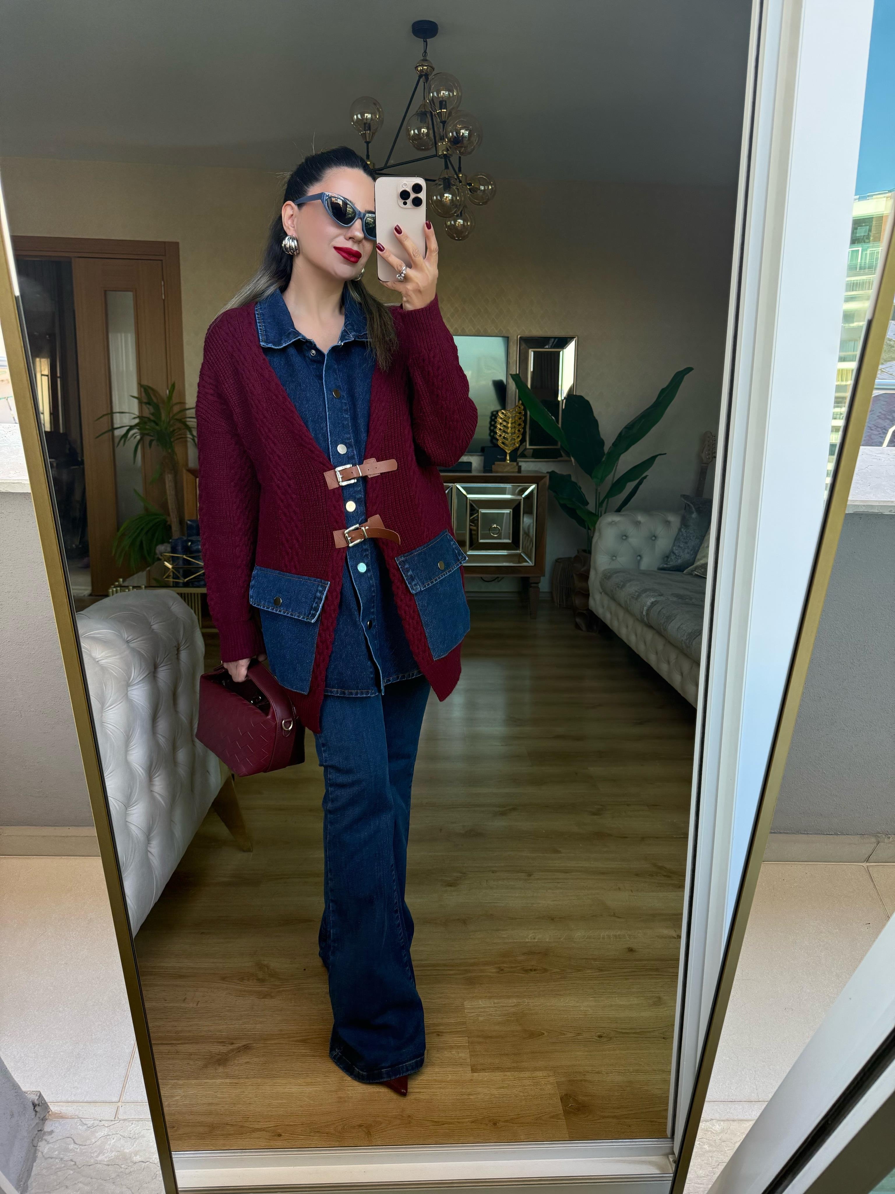 9034 Bordo Kot Detaylı Triko Kazak