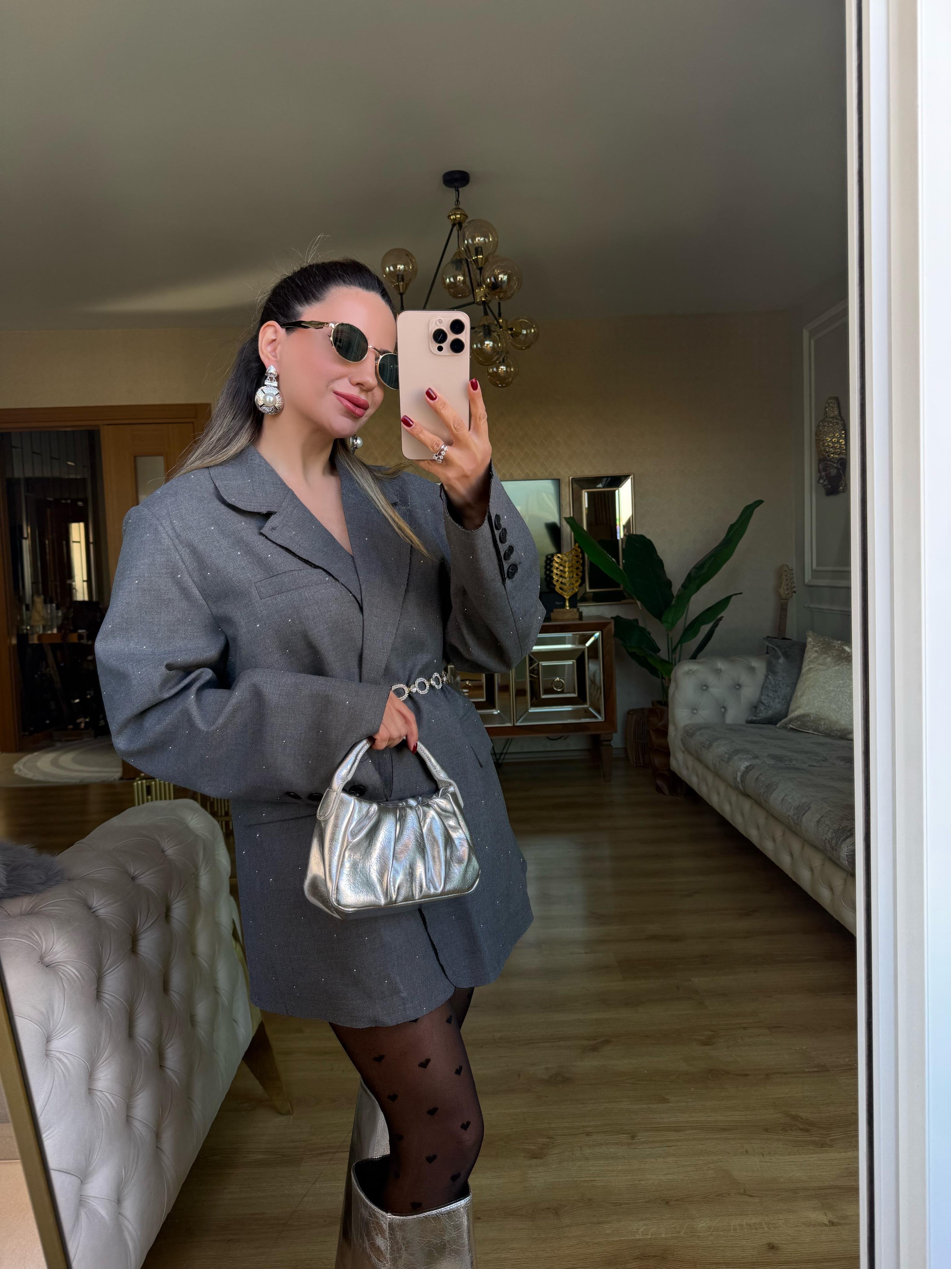 9070 Taşlı Antrasit Blazer Ceket