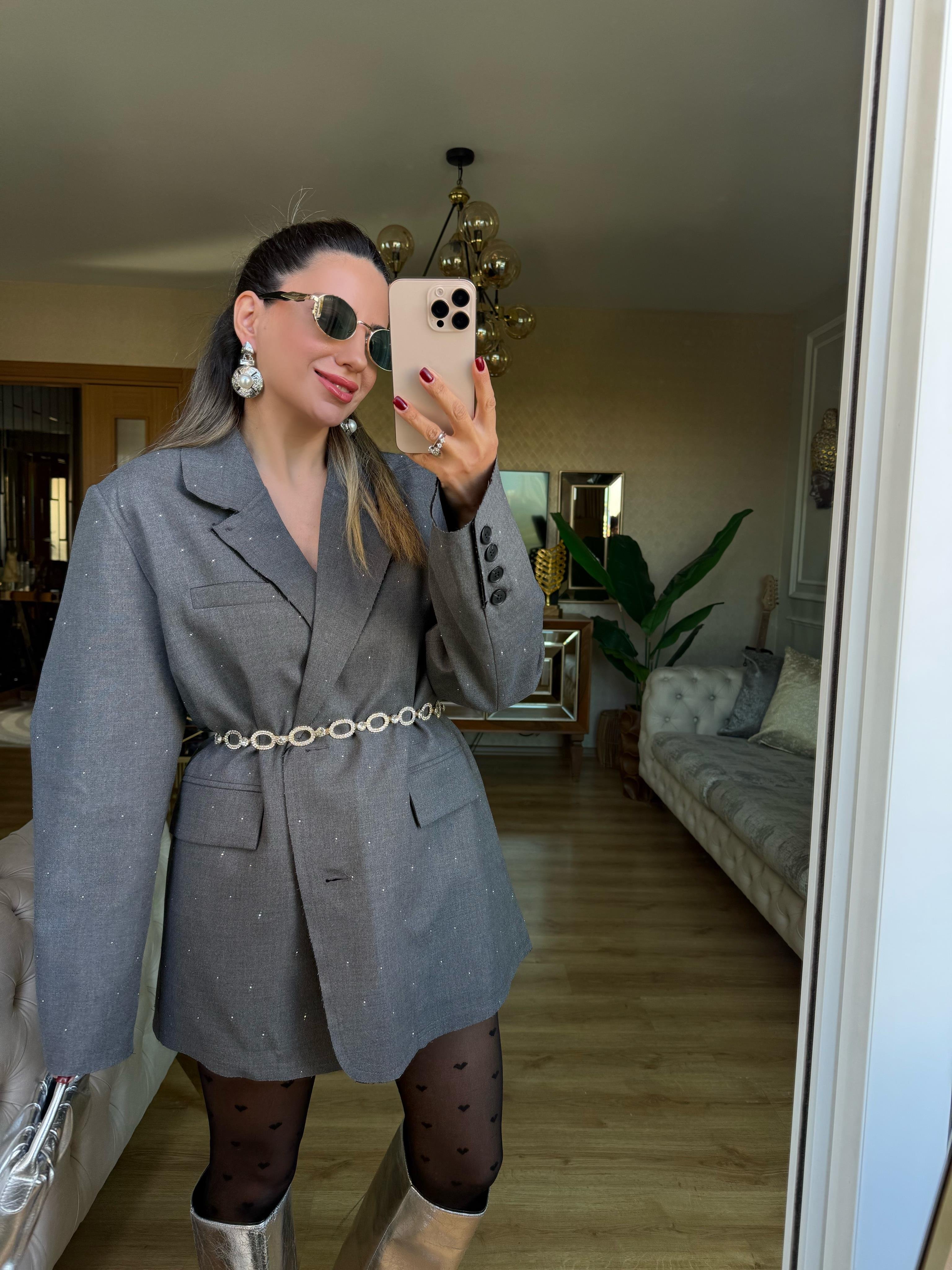 9070 Taşlı Antrasit Blazer Ceket