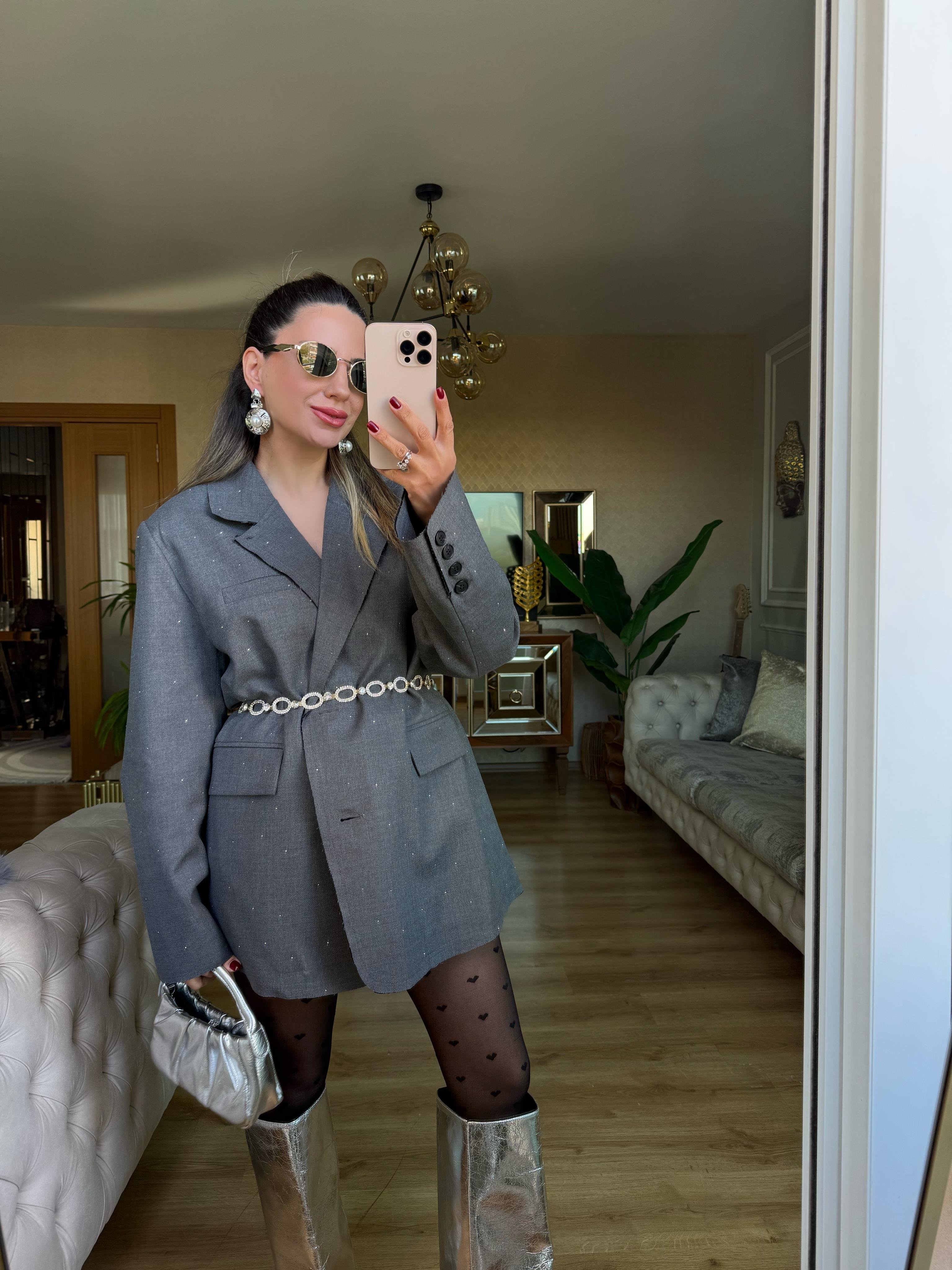 9070 Taşlı Antrasit Blazer Ceket