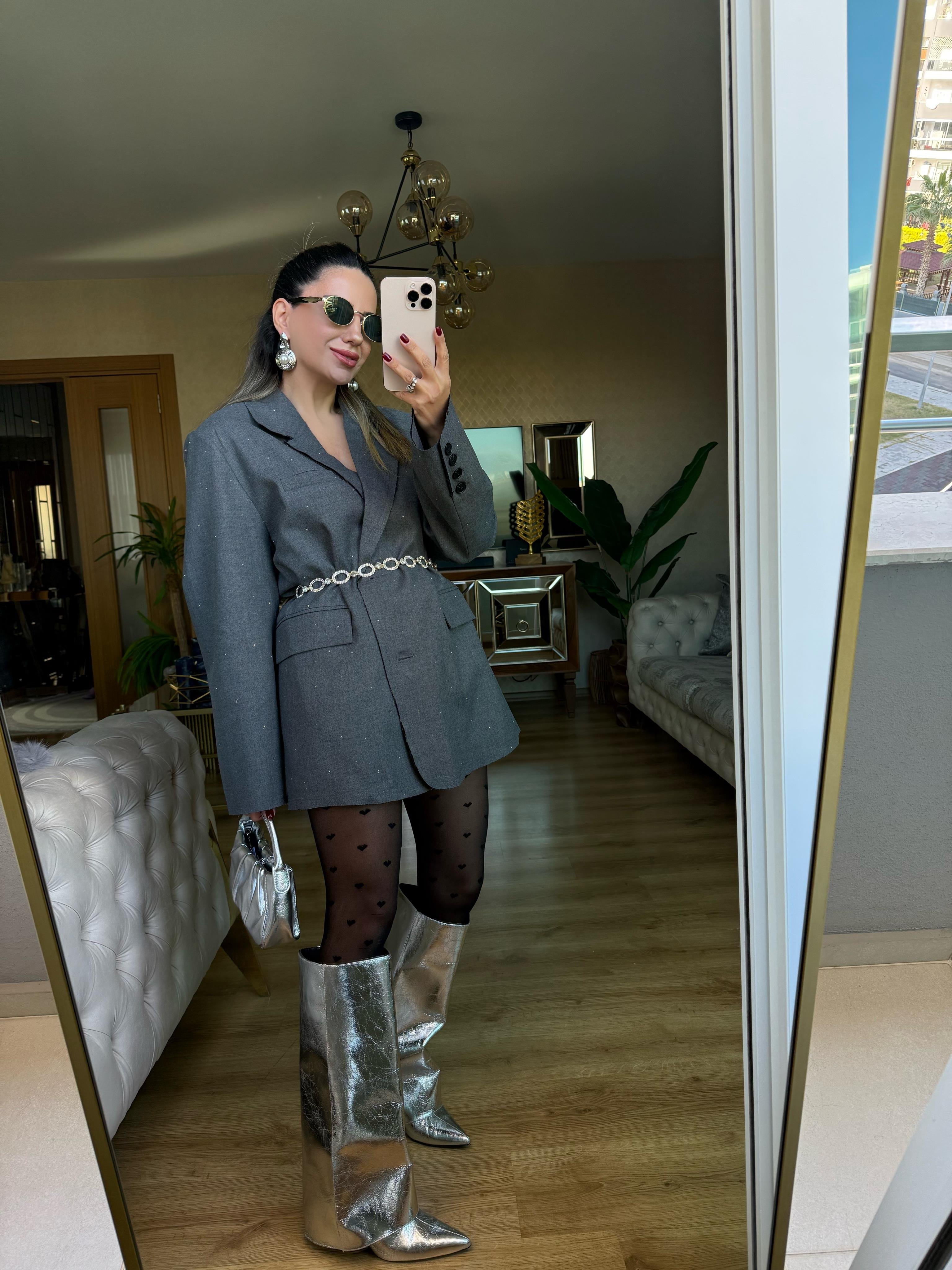 9070 Taşlı Antrasit Blazer Ceket