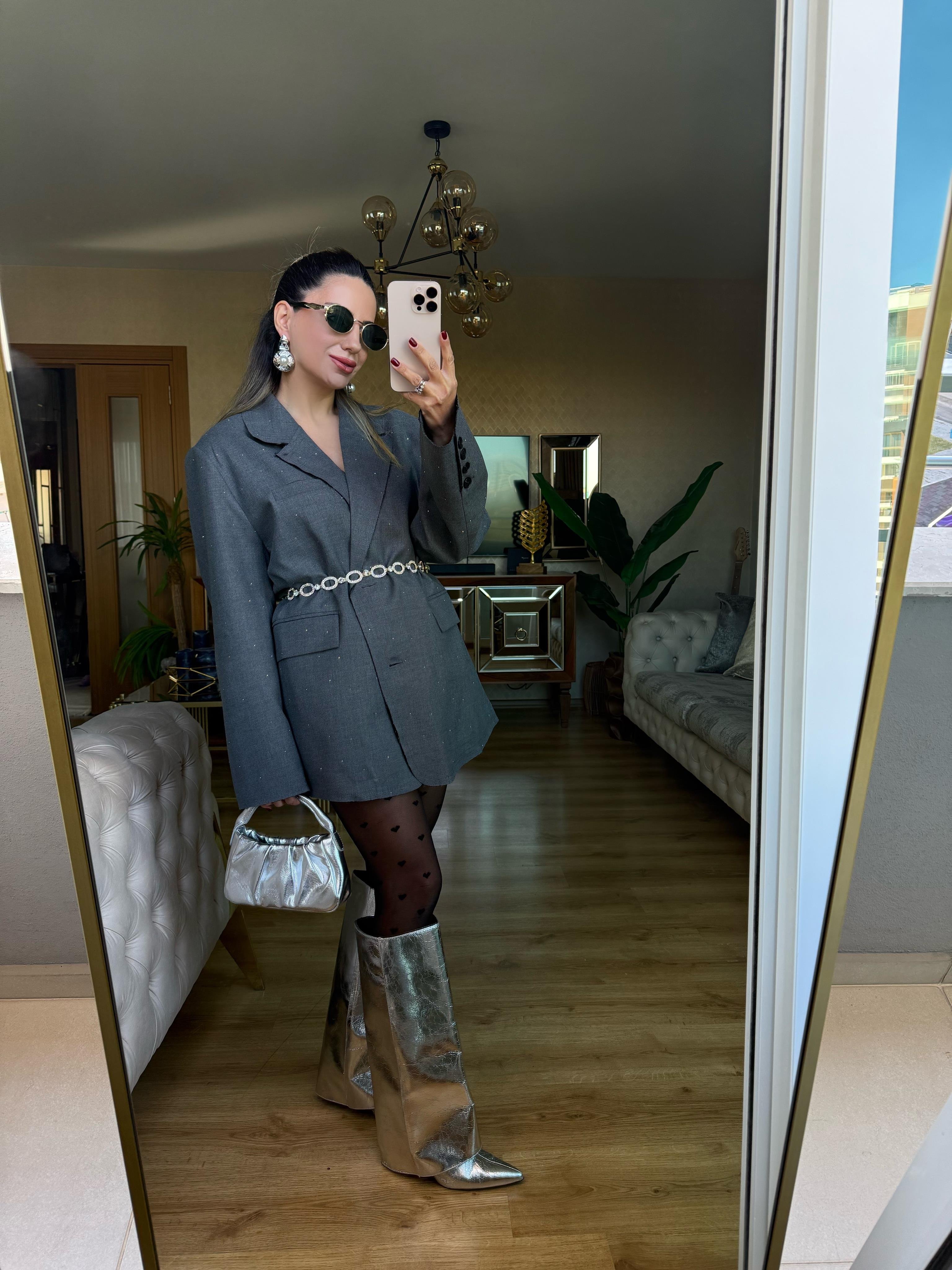 9070 Taşlı Antrasit Blazer Ceket