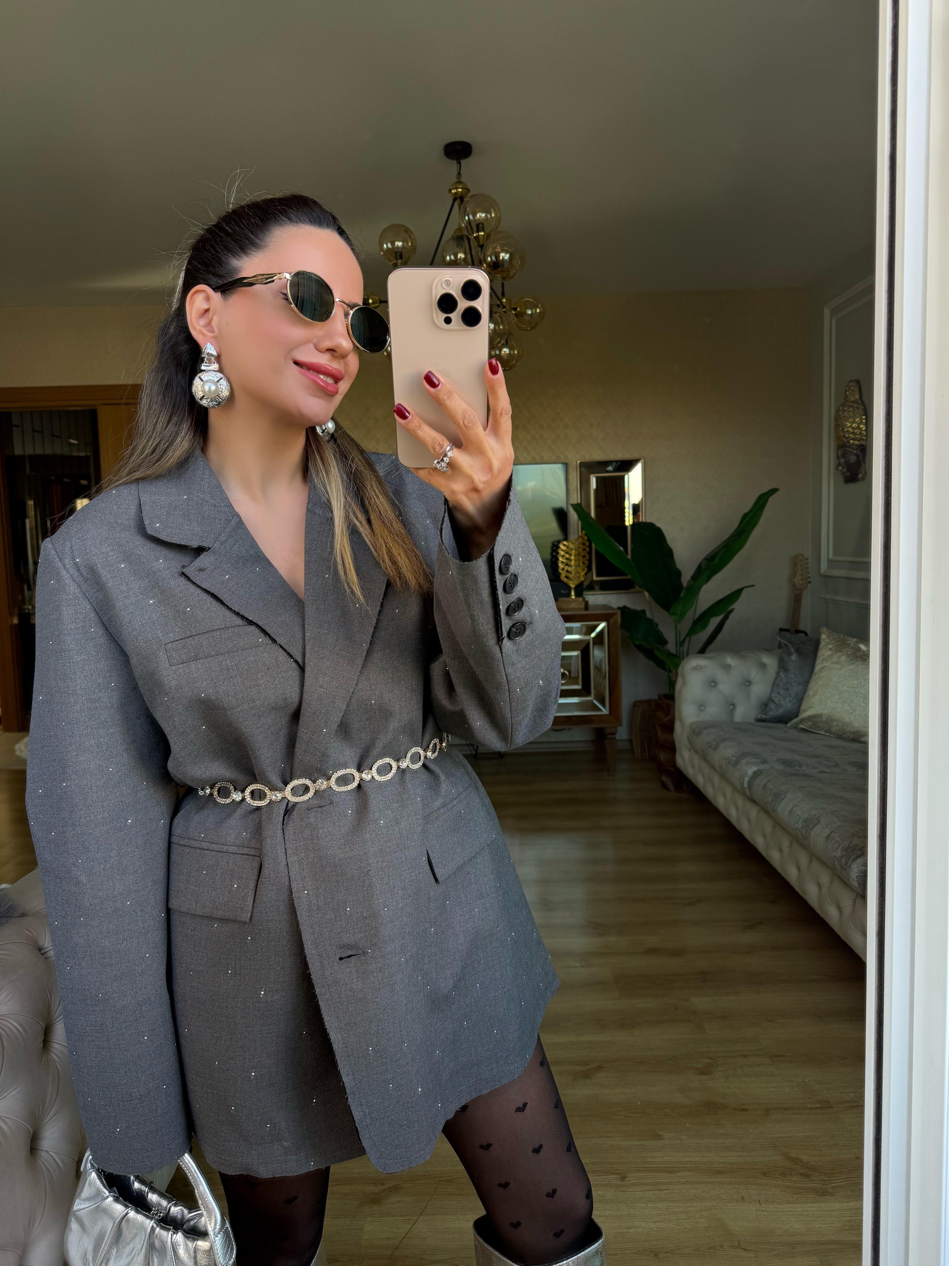 9070 Taşlı Antrasit Blazer Ceket