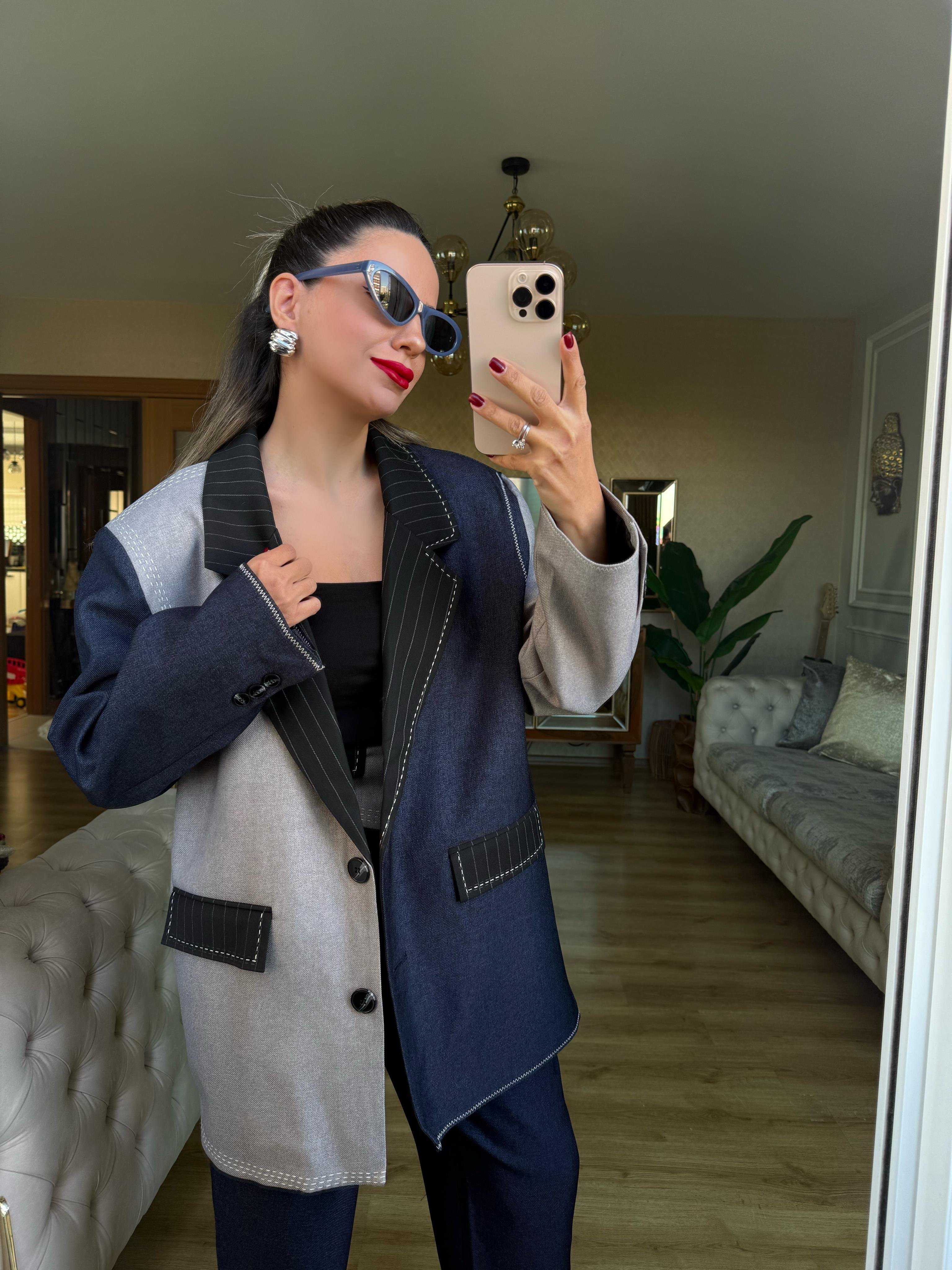 9115 Tasarım Dikiş Detaylı Blazer Ceket