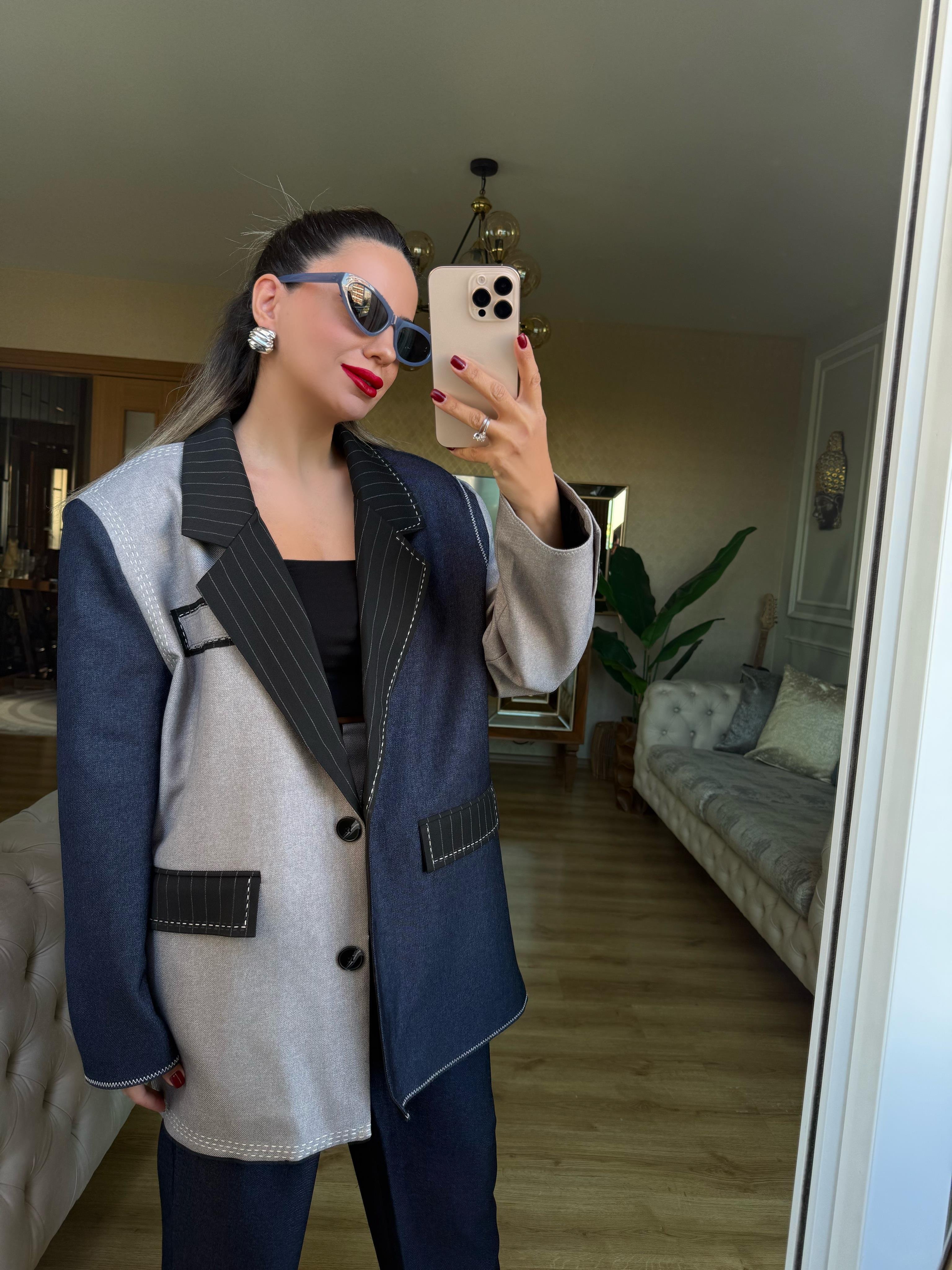 9115 Tasarım Dikiş Detaylı Blazer Ceket