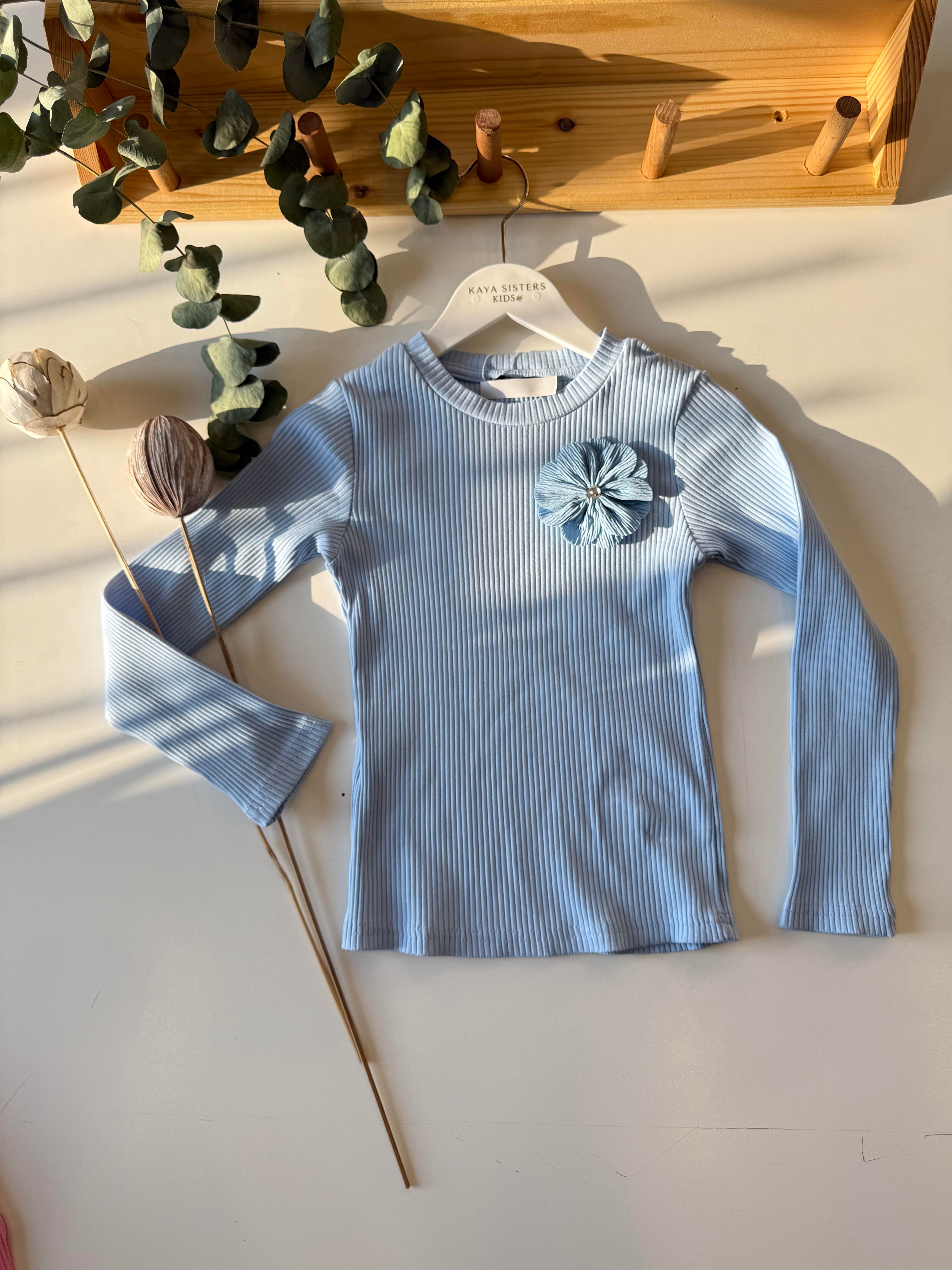 9129 Kids Çiçek Aksesuarlı Fitilli Bluz 5-6/13-14 Yaş