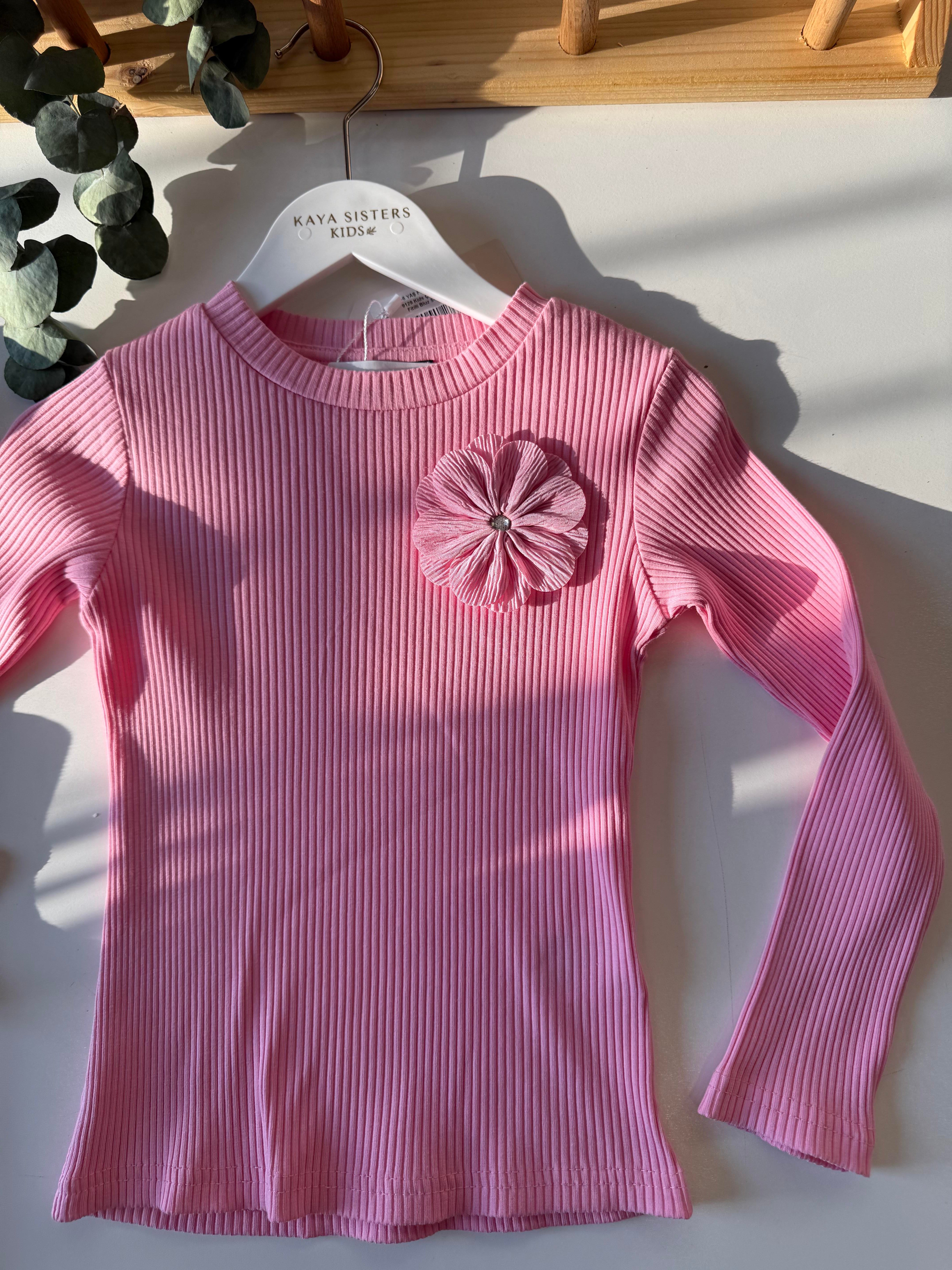 9129 Kids Çiçek Aksesuarlı Fitilli Bluz 5-6/13-14 Yaş