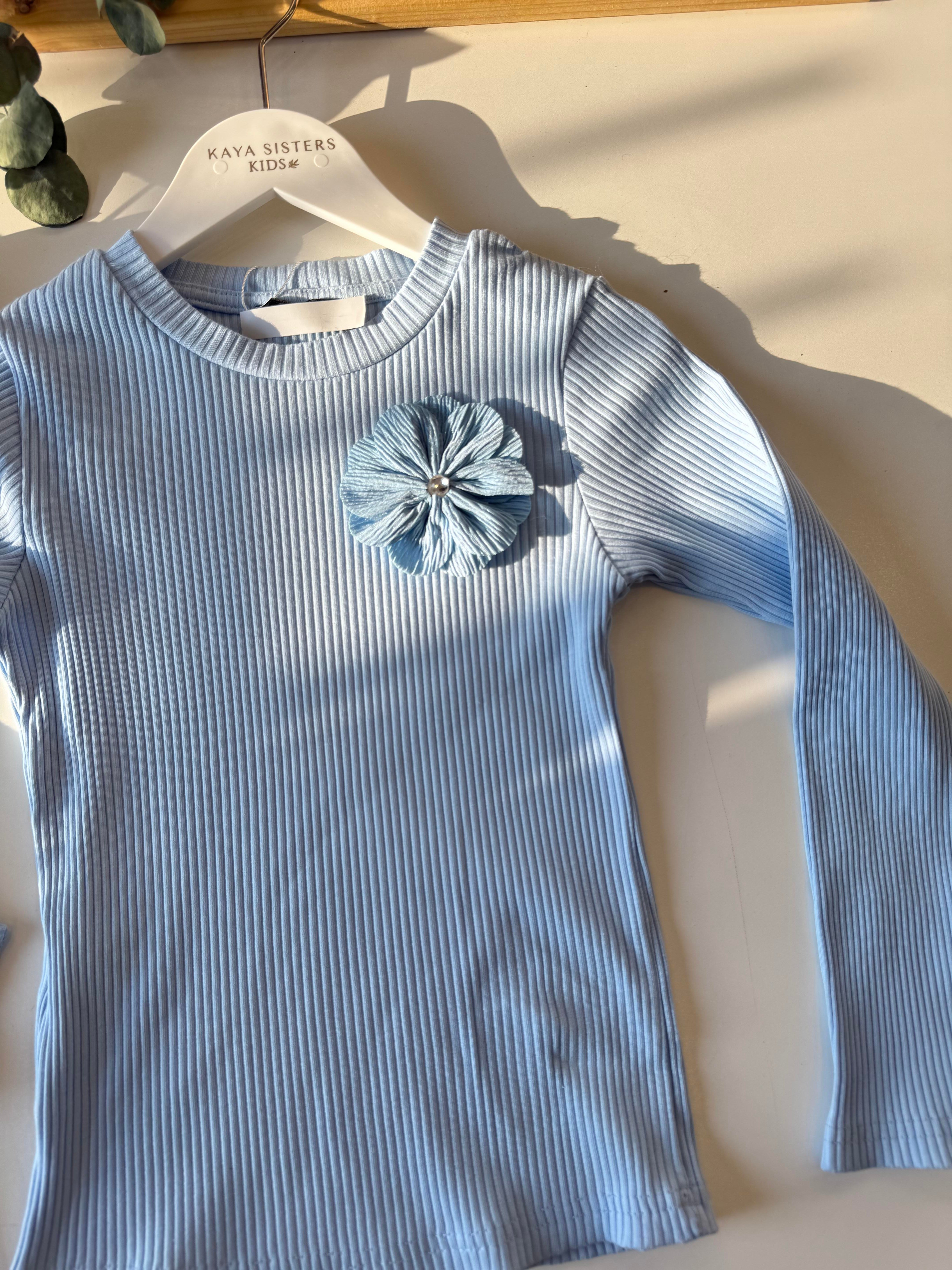 9129 Kids Çiçek Aksesuarlı Fitilli Bluz 5-6/13-14 Yaş
