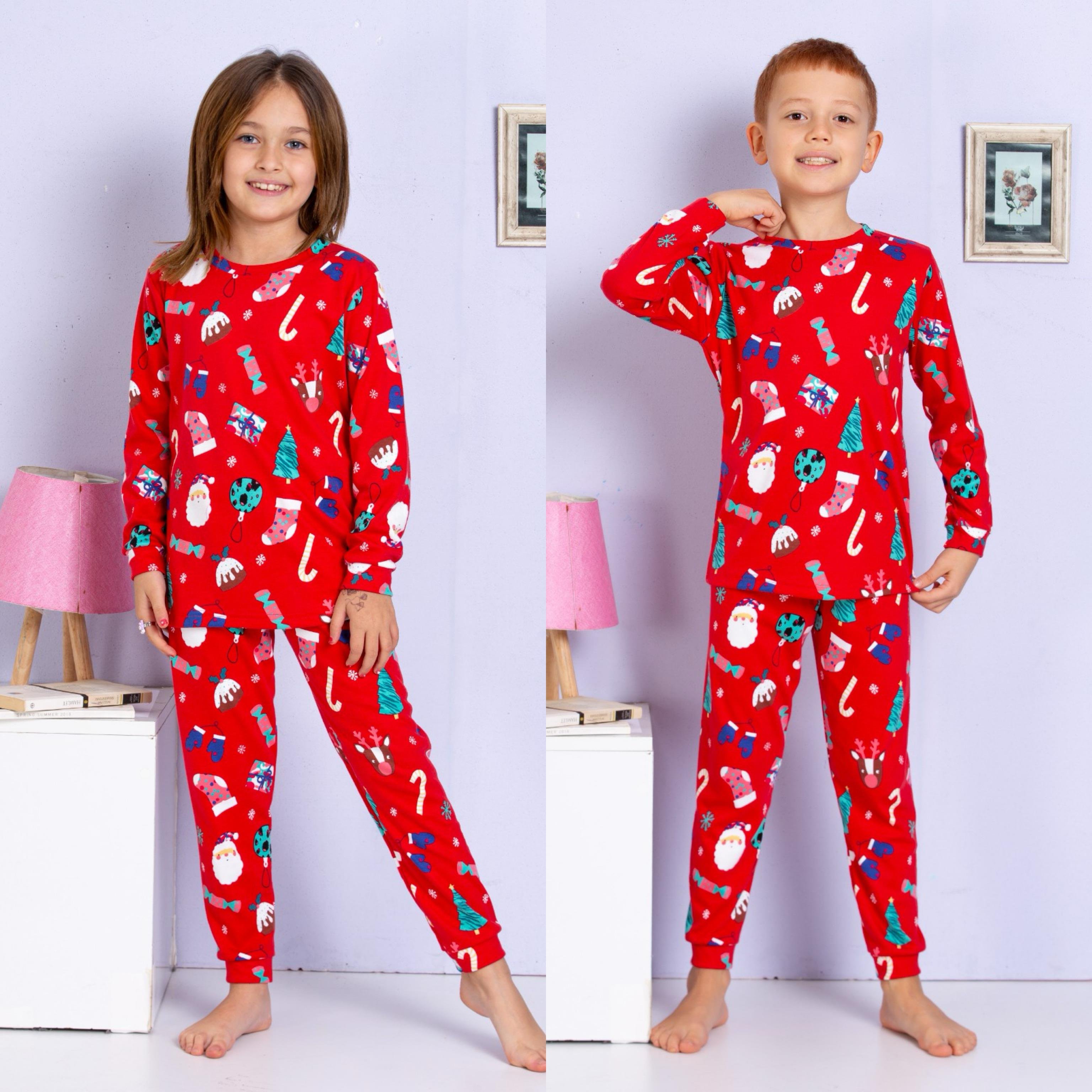 9154 Kids YeniYıl Pamuklu Pijama Takım 5-6/12-13 Yaş
