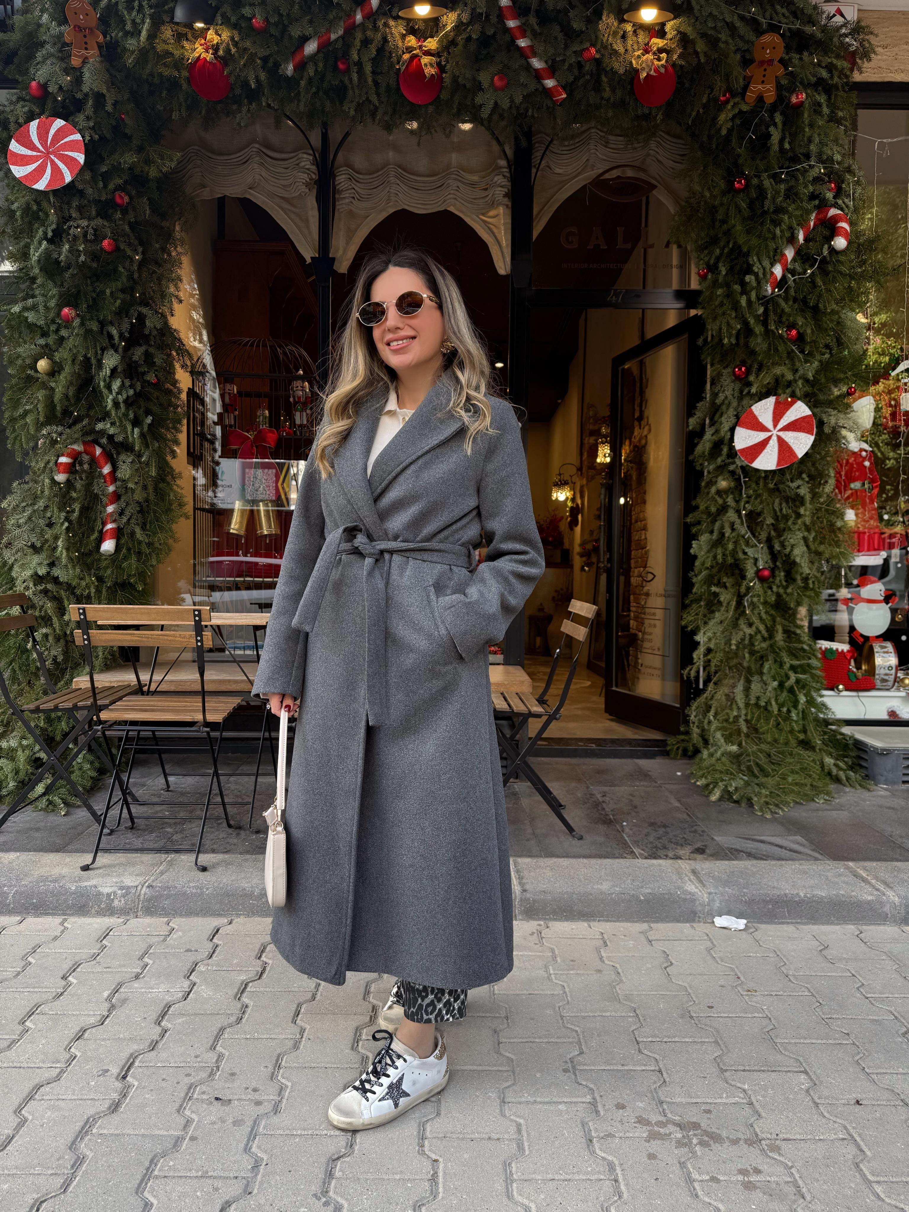 9165 Kaşe Uzun Gri Kaban