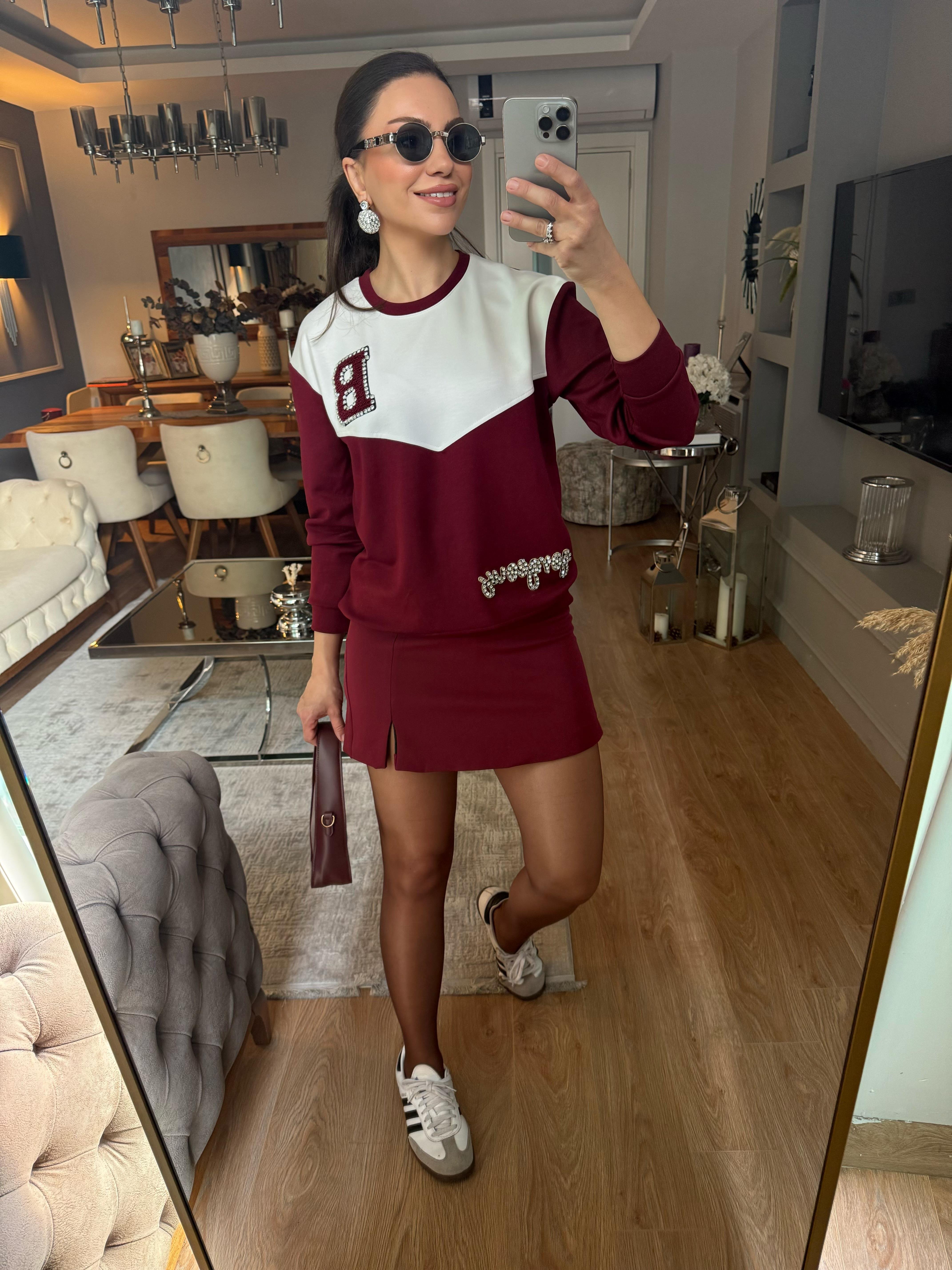 9191 Taşlı Bordo Detaylı Sweatshirt