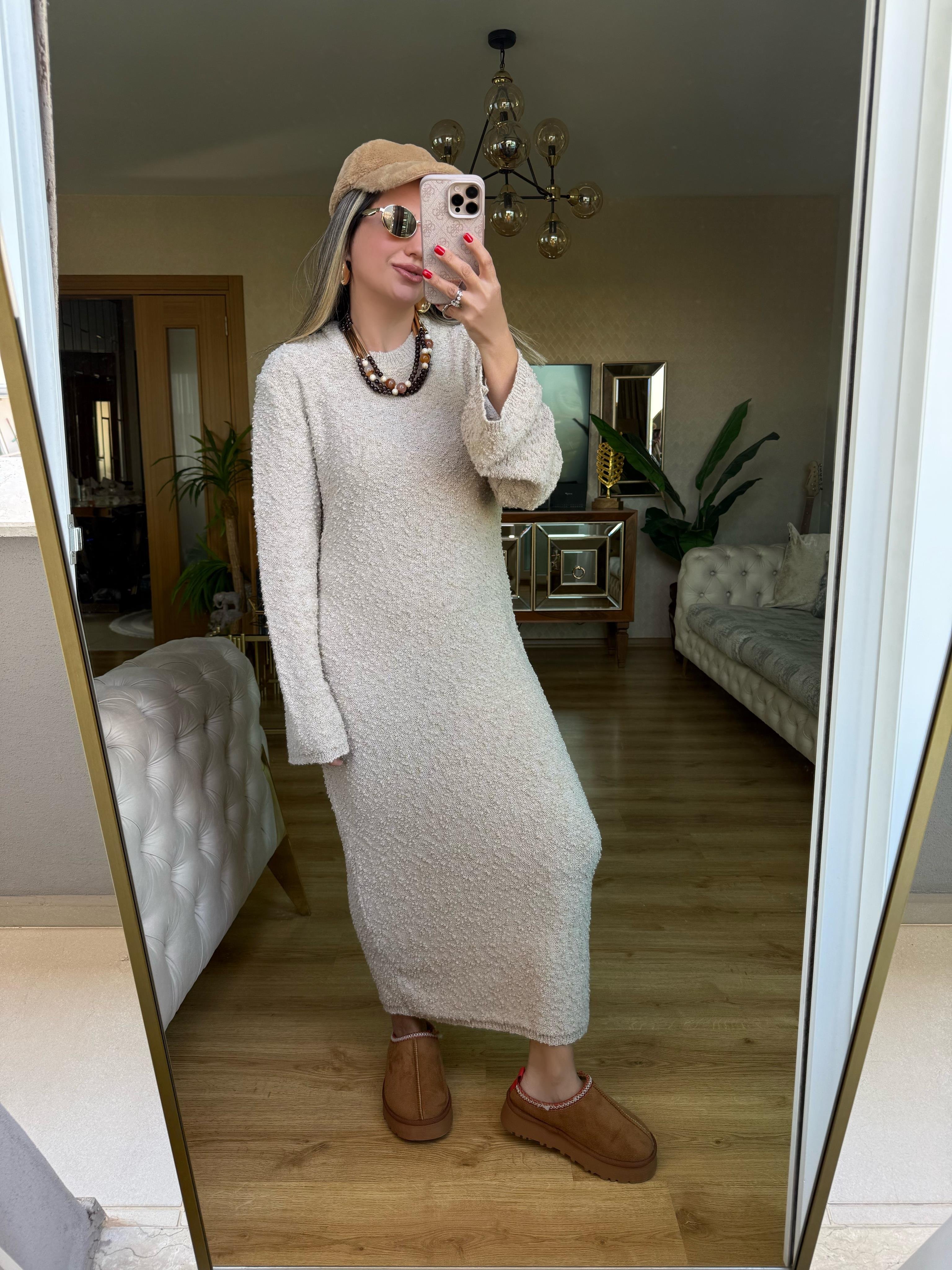9204 Kendinden Desenli Triko Elbise