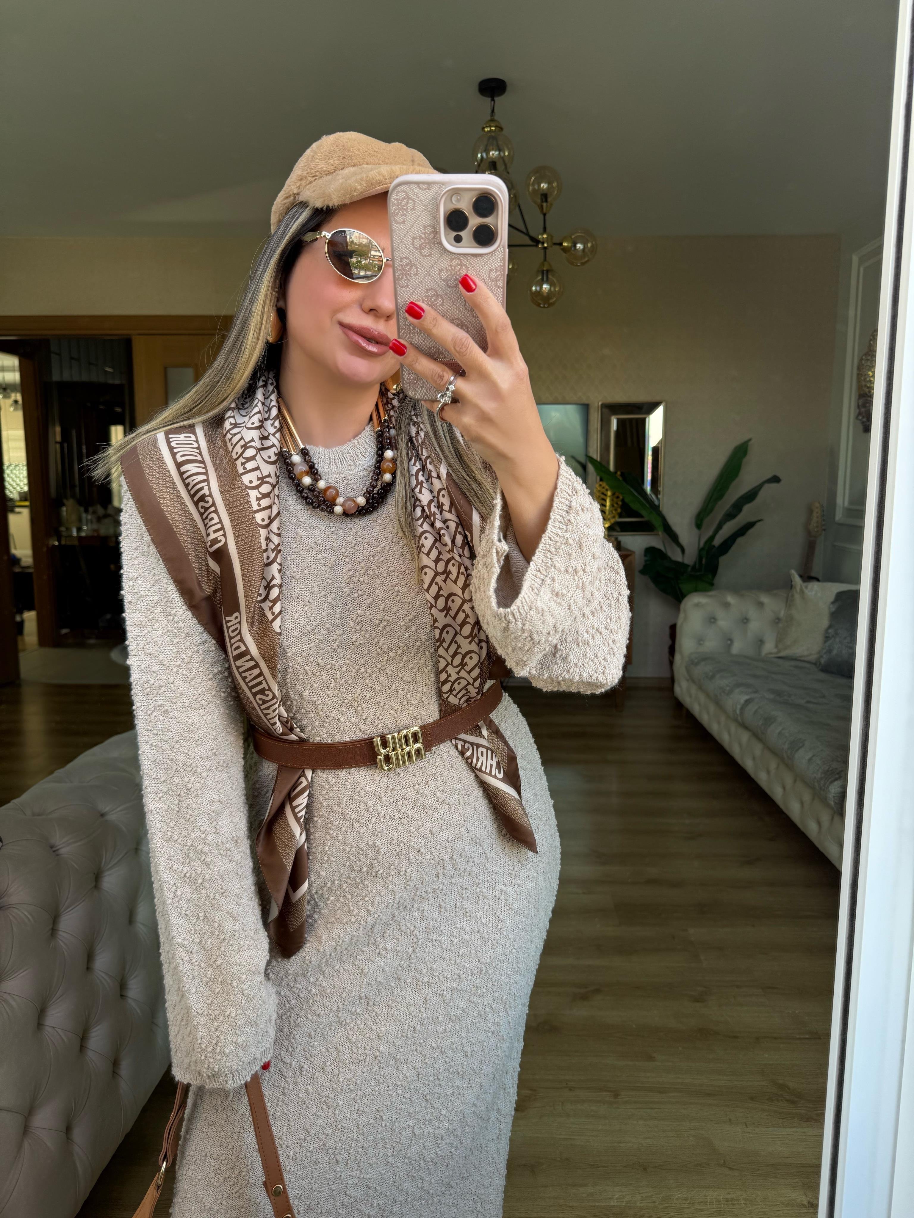 9204 Kendinden Desenli Triko Elbise