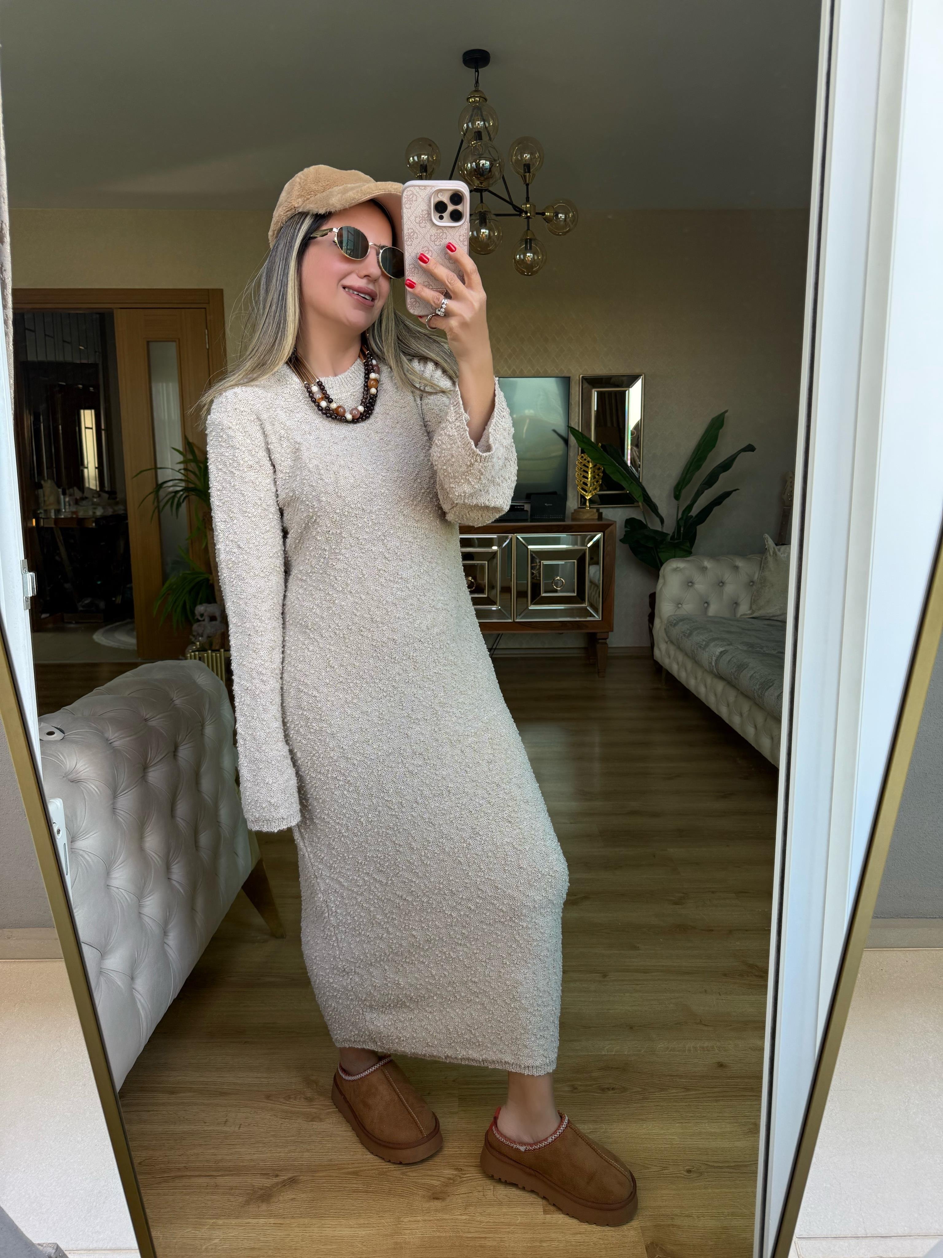 9204 Kendinden Desenli Triko Elbise