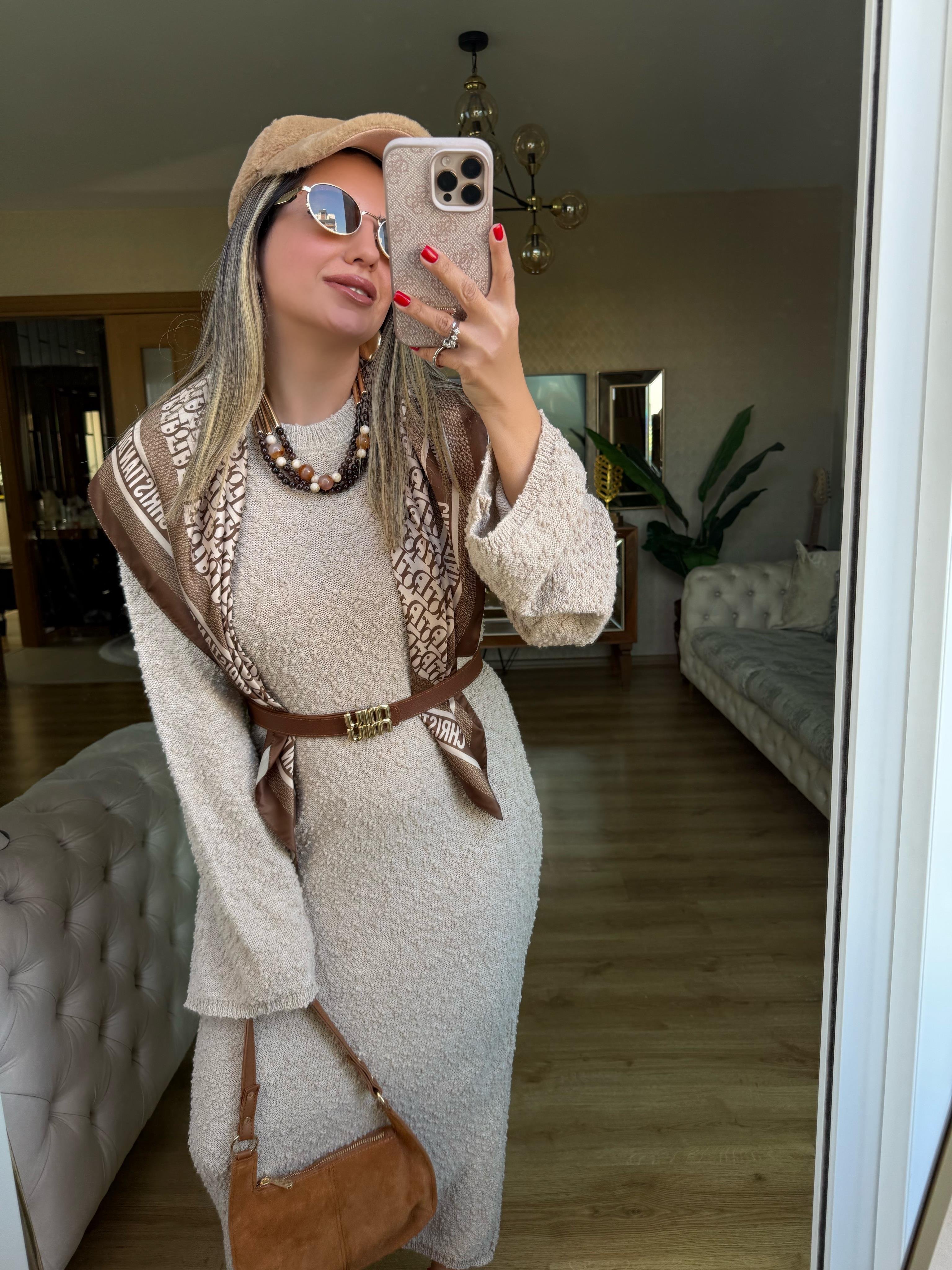 9204 Kendinden Desenli Triko Elbise