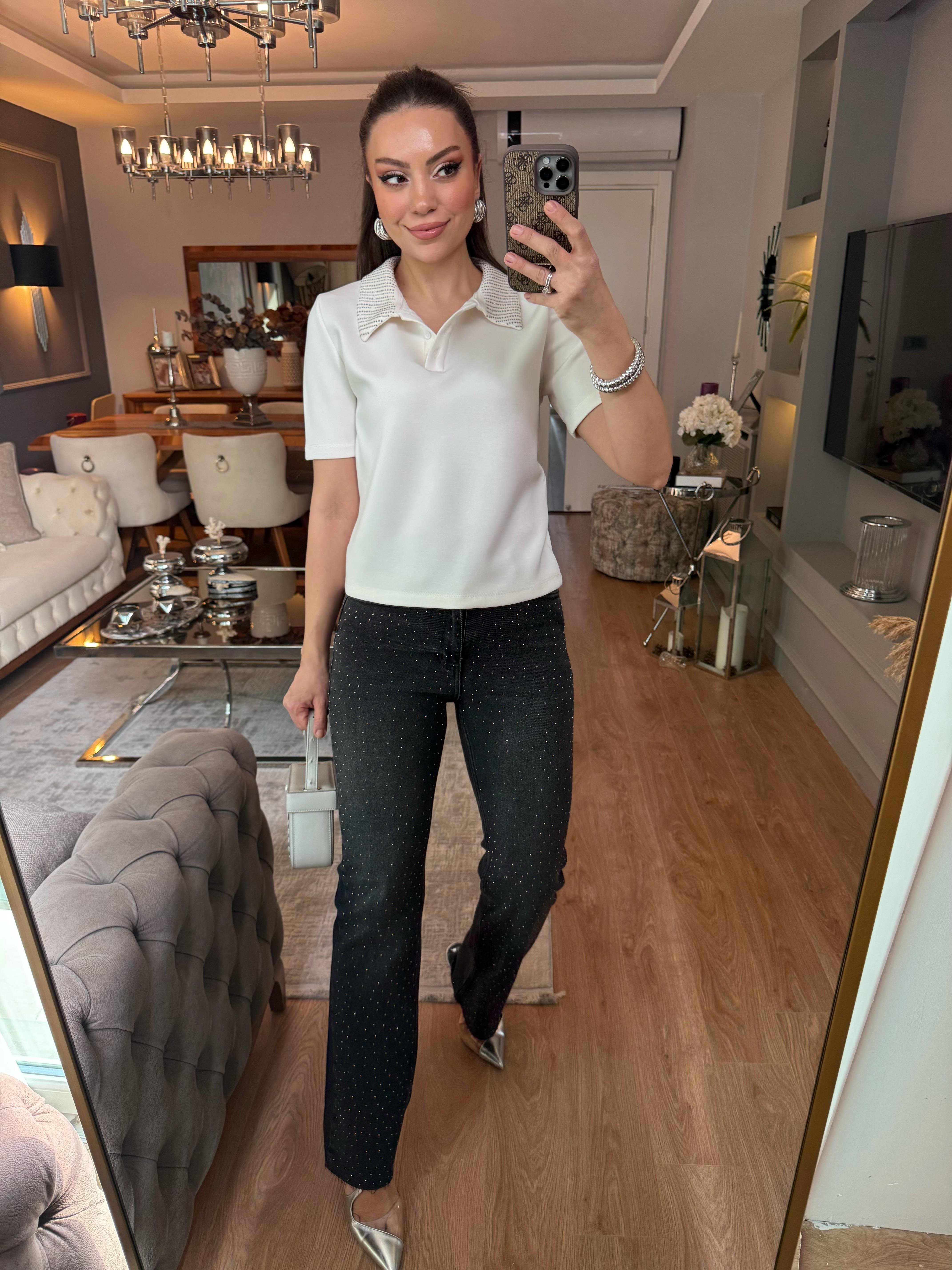 9214 Yakası Taşlı Modal Bluz