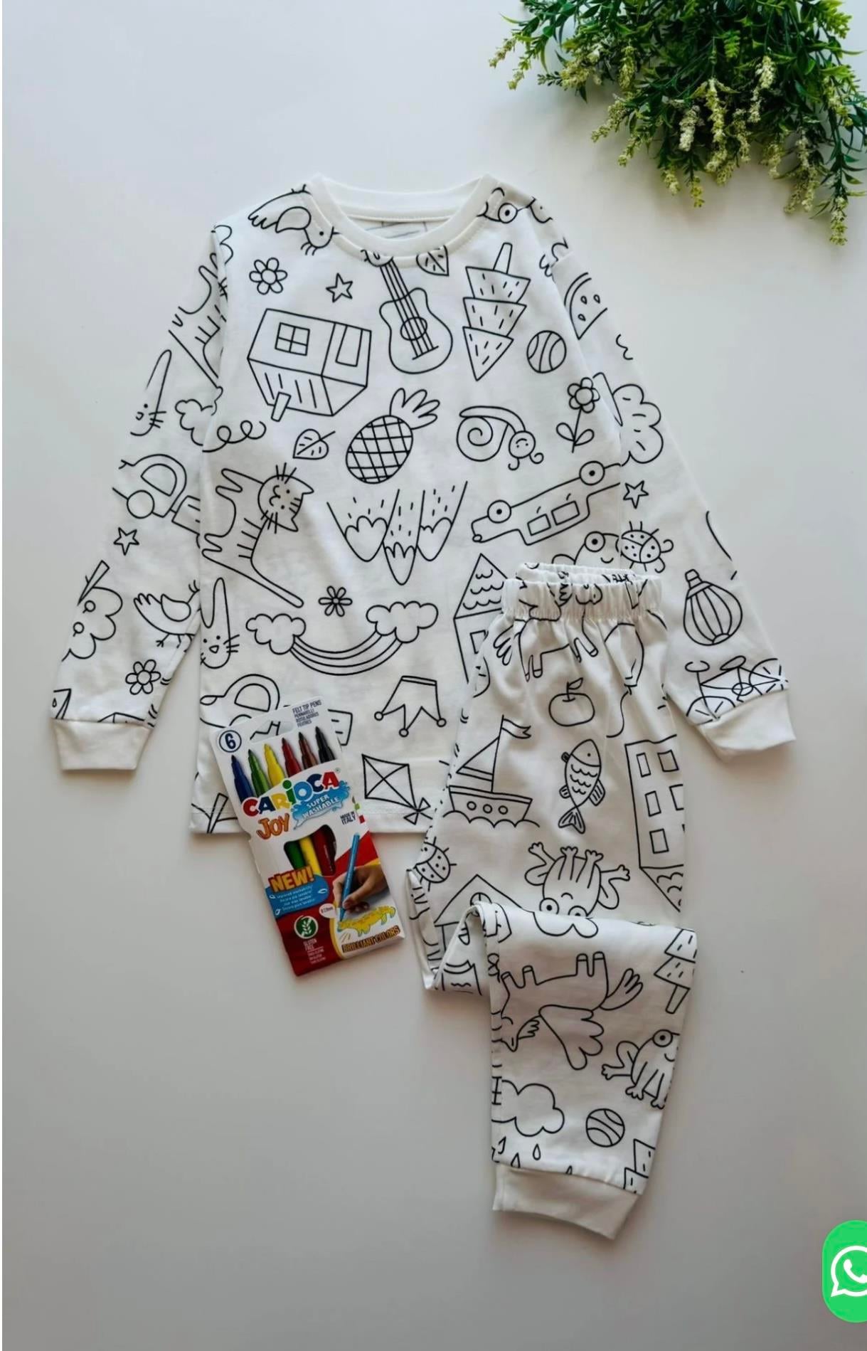 9269 Kids Boyamalı Pijama Takımı ( Boya Kalemi Hediyeli) 3-4/9-10 Yaş