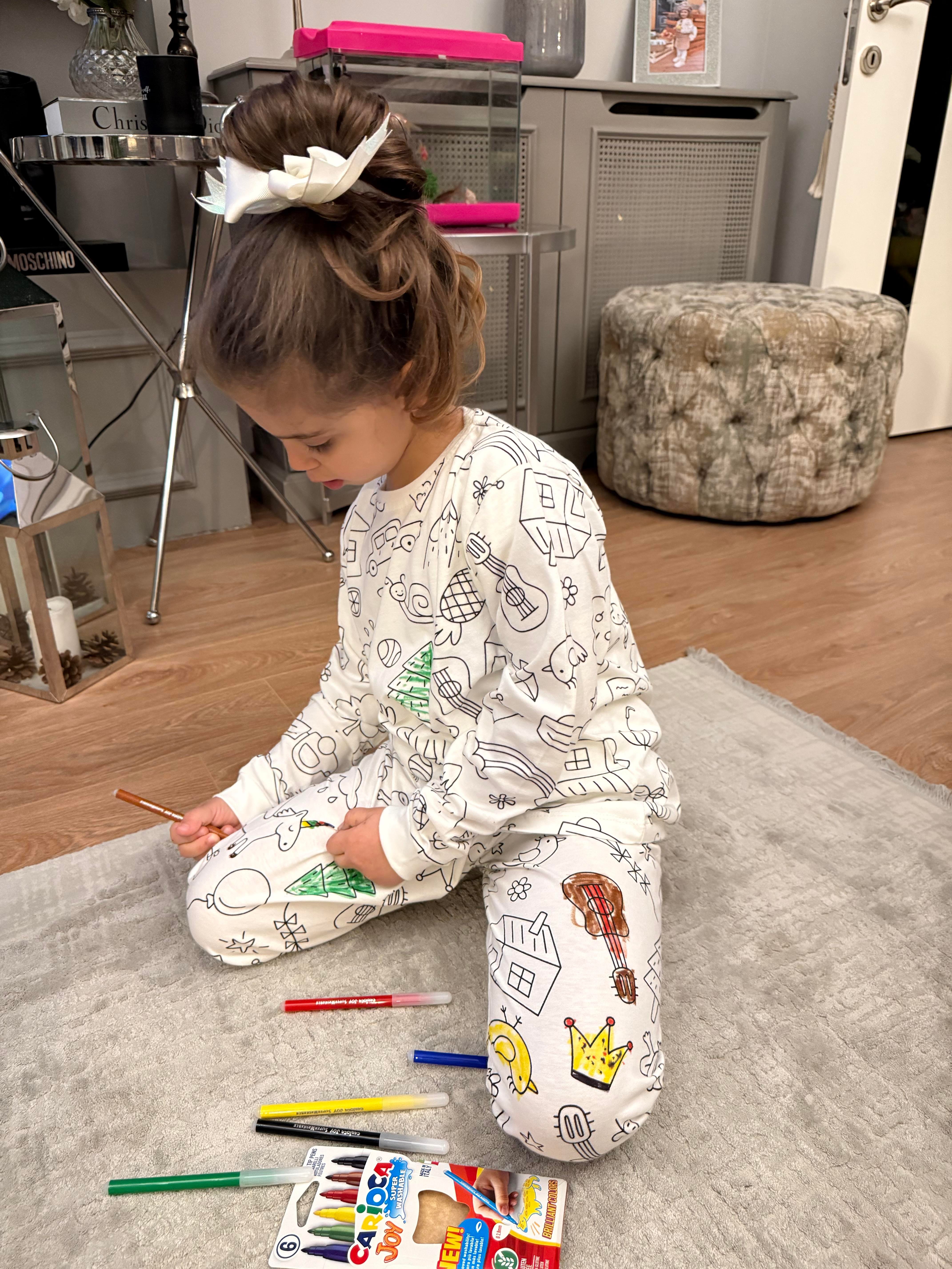9269 Kids Boyamalı Pijama Takımı ( Boya Kalemi Hediyeli) 3-4/9-10 Yaş