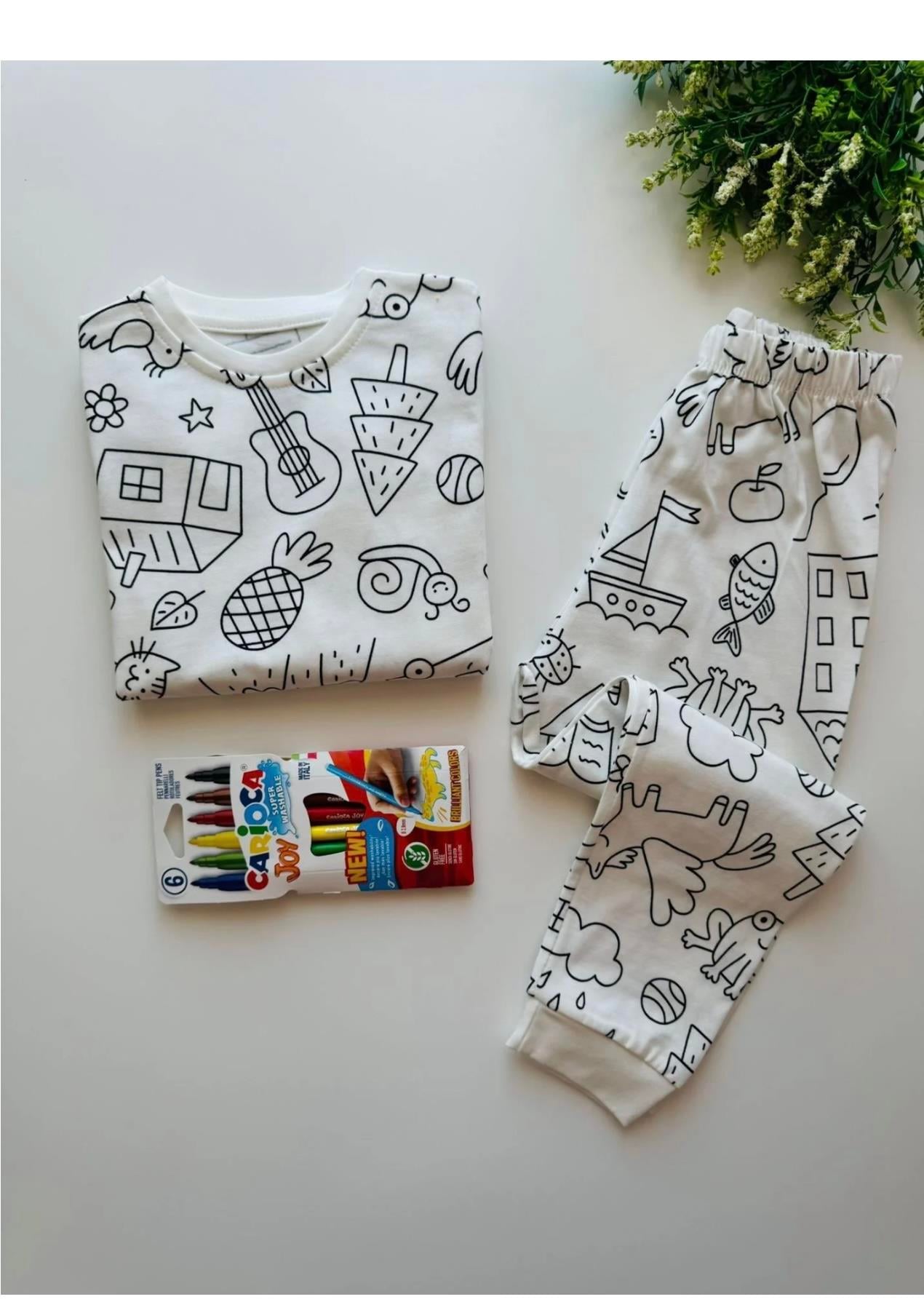 9269 Kids Boyamalı Pijama Takımı ( Boya Kalemi Hediyeli) 3-4/9-10 Yaş