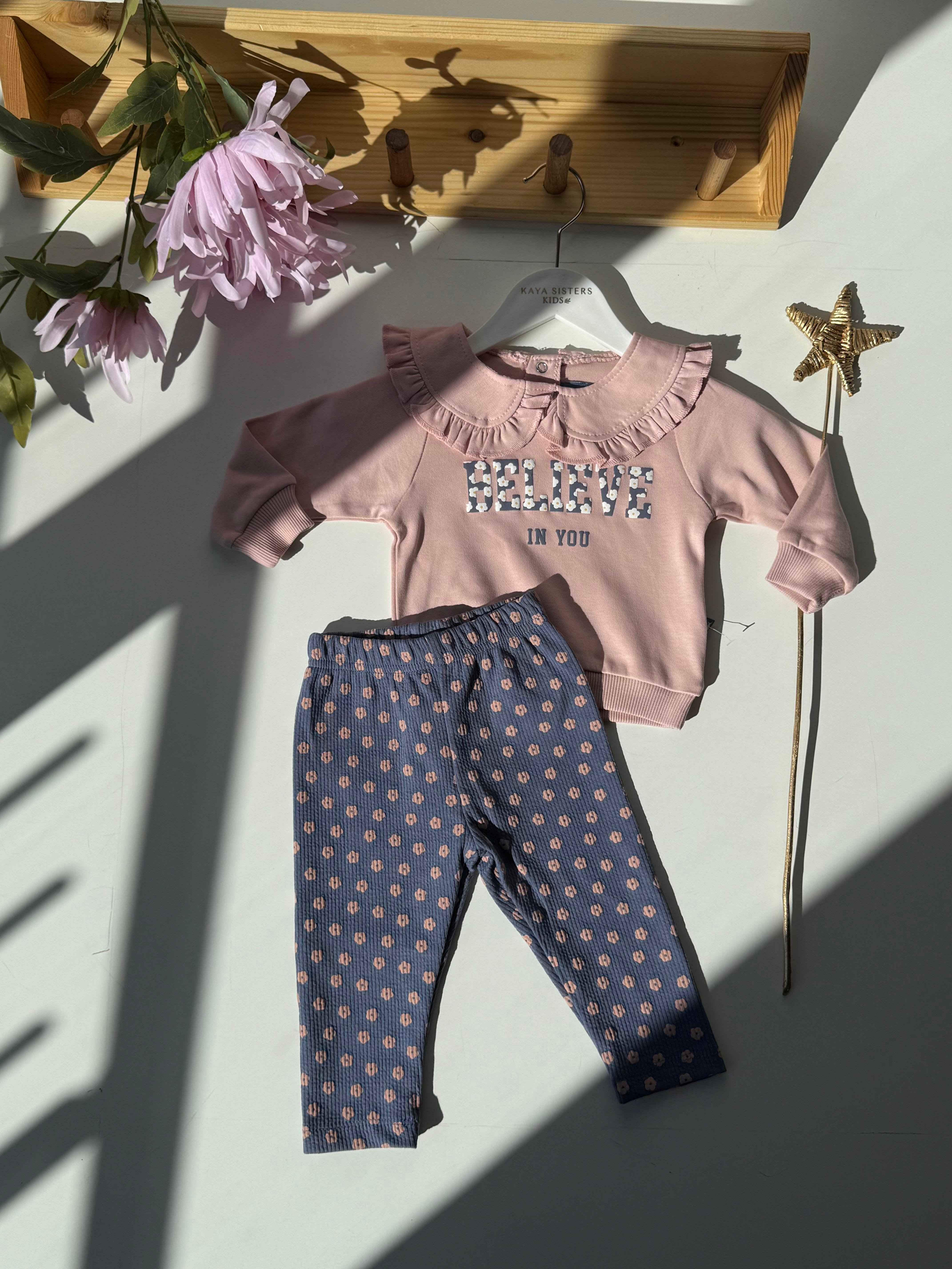 9278 Kids Bebe Yaka Çiçekli Kız Takım 9 ay/2 Yaş