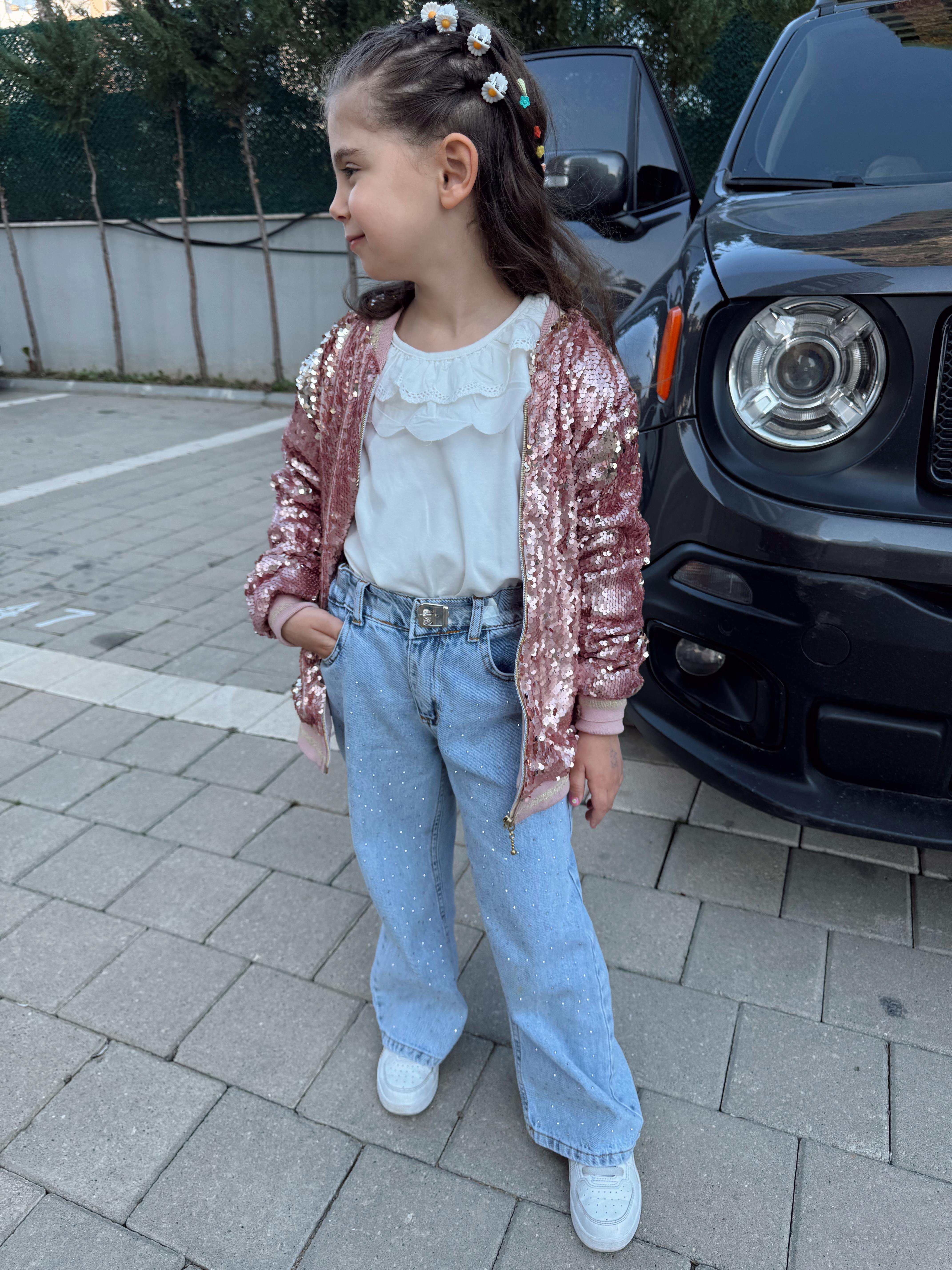 9284 Kids Taşlı Kot Pantolon Beyaz Üst Takım 3-4/9-10 Yaş