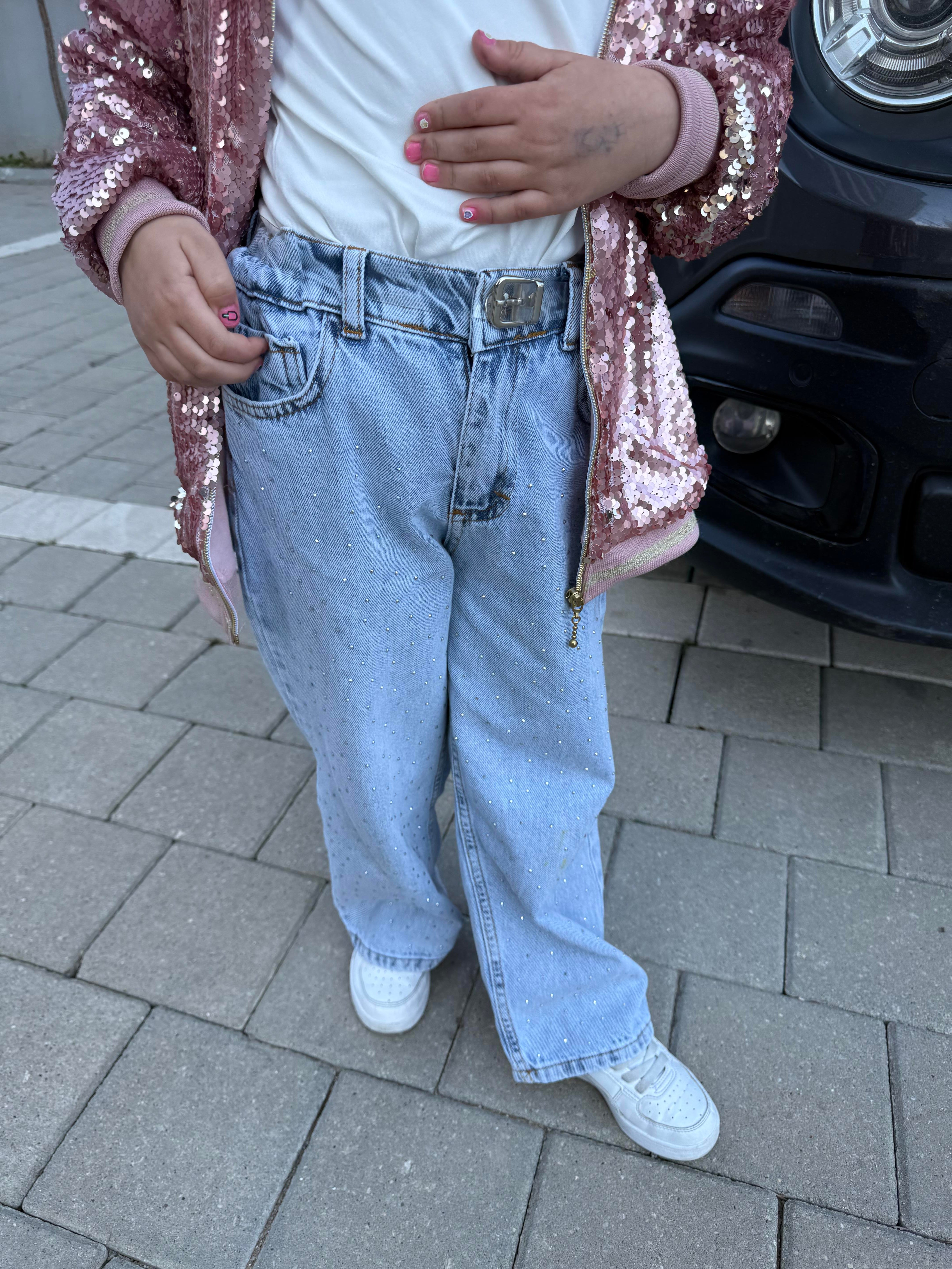 9284 Kids Taşlı Kot Pantolon Beyaz Üst Takım 3-4/9-10 Yaş