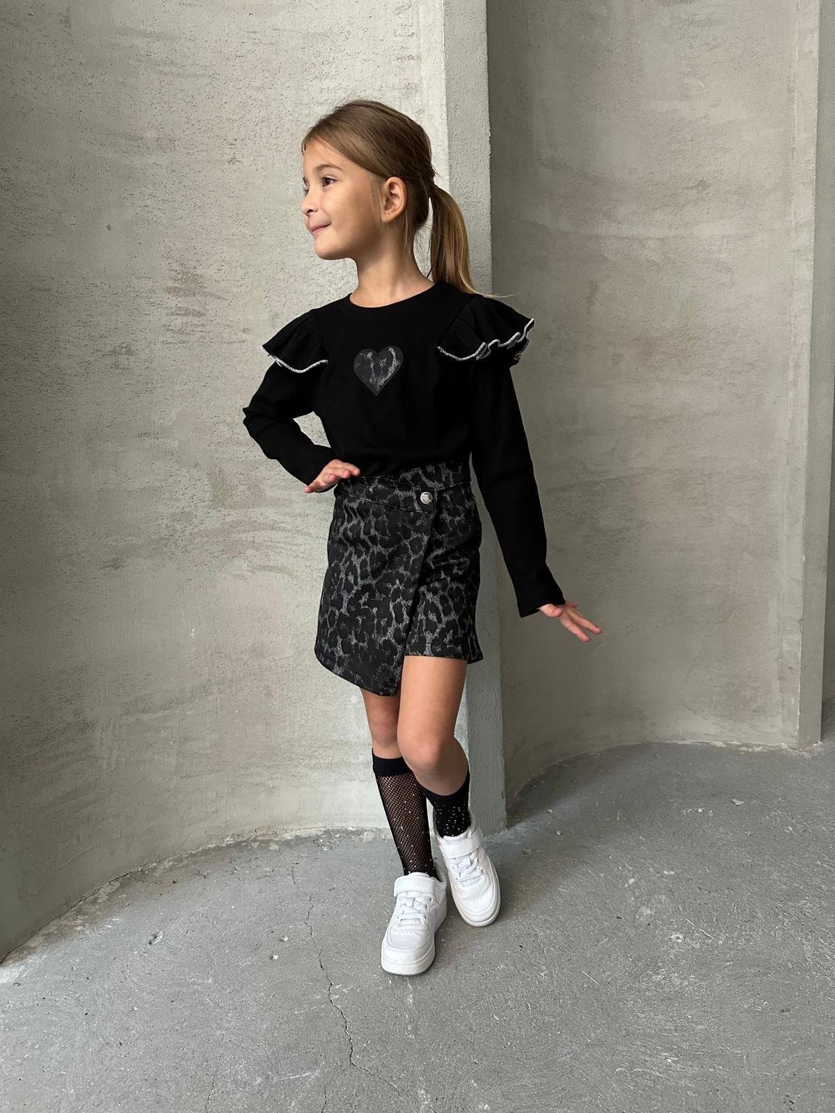 9290 Kids Siyah Leopar Şort Etek Takım 3-4/9-10 Yaş